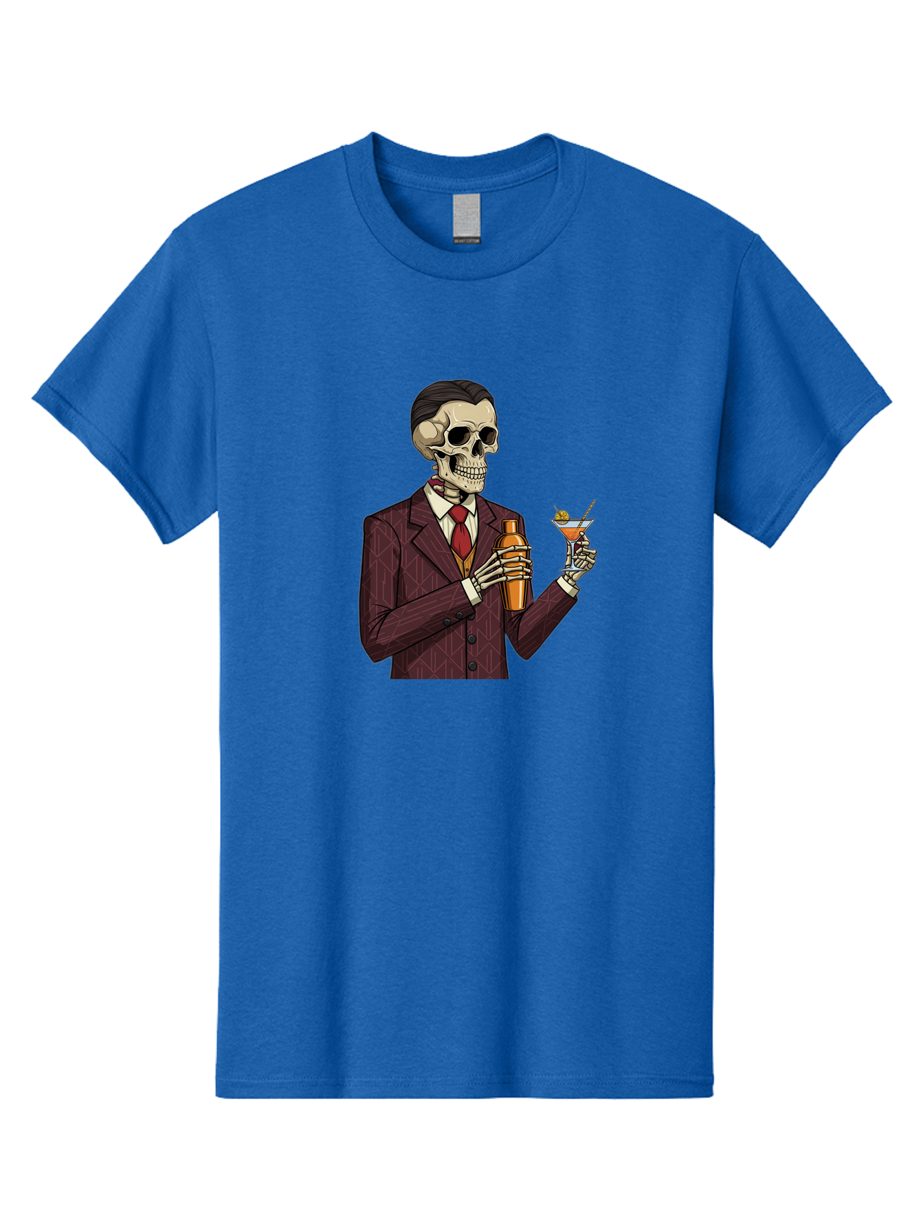 Skeleton-Bartender Men'S Graphic Tee, 100% Cotton, Comfortable Casual Summer Wear, Machine Washable, Skeleton Bartender, Cocktail Shaker, Martini Glass, Red Tie, Maroon Suit, Orange Cocktail, Cocktail Bar, Barware, Mixology Bad568