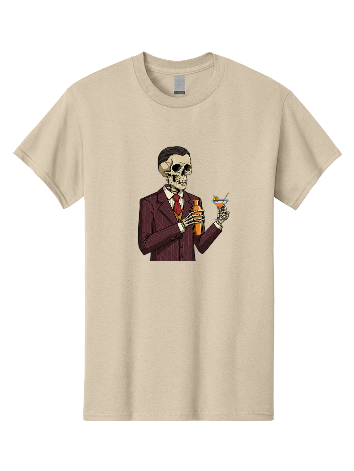 Skeleton-Bartender Men'S Graphic Tee, 100% Cotton, Comfortable Casual Summer Wear, Machine Washable, Skeleton Bartender, Cocktail Shaker, Martini Glass, Red Tie, Maroon Suit, Orange Cocktail, Cocktail Bar, Barware, Mixology Bad568