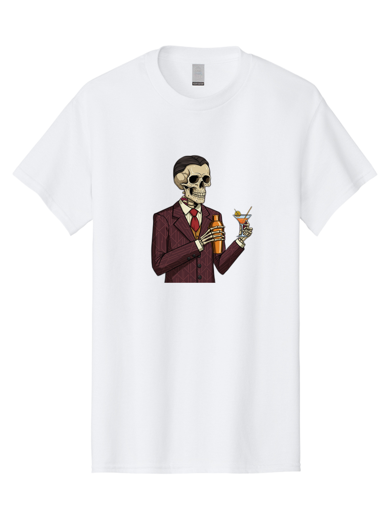 Skeleton-Bartender Men'S Graphic Tee, 100% Cotton, Comfortable Casual Summer Wear, Machine Washable, Skeleton Bartender, Cocktail Shaker, Martini Glass, Red Tie, Maroon Suit, Orange Cocktail, Cocktail Bar, Barware, Mixology Bad568