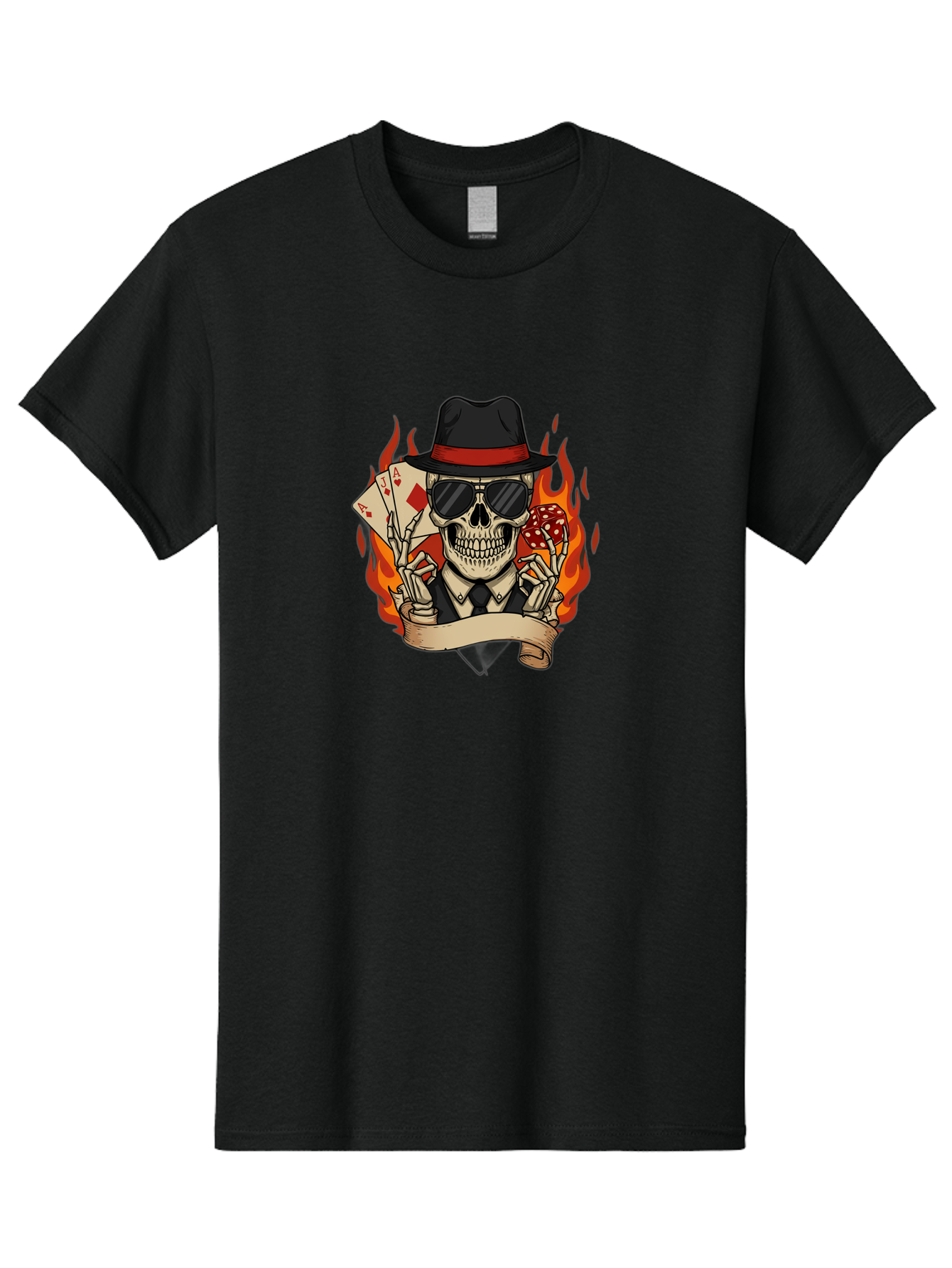 Skeleton-Card-Player Men'S Graphic Tee, 100% Cotton, Comfortable Casual Summer Wear, Machine Washable, Skeleton In Suit And Hat, Playing Cards, Sunglasses, Skull, Poker Face, Flames, Banner, Red Mushroom, Gambler, Red Diamonds Bad569