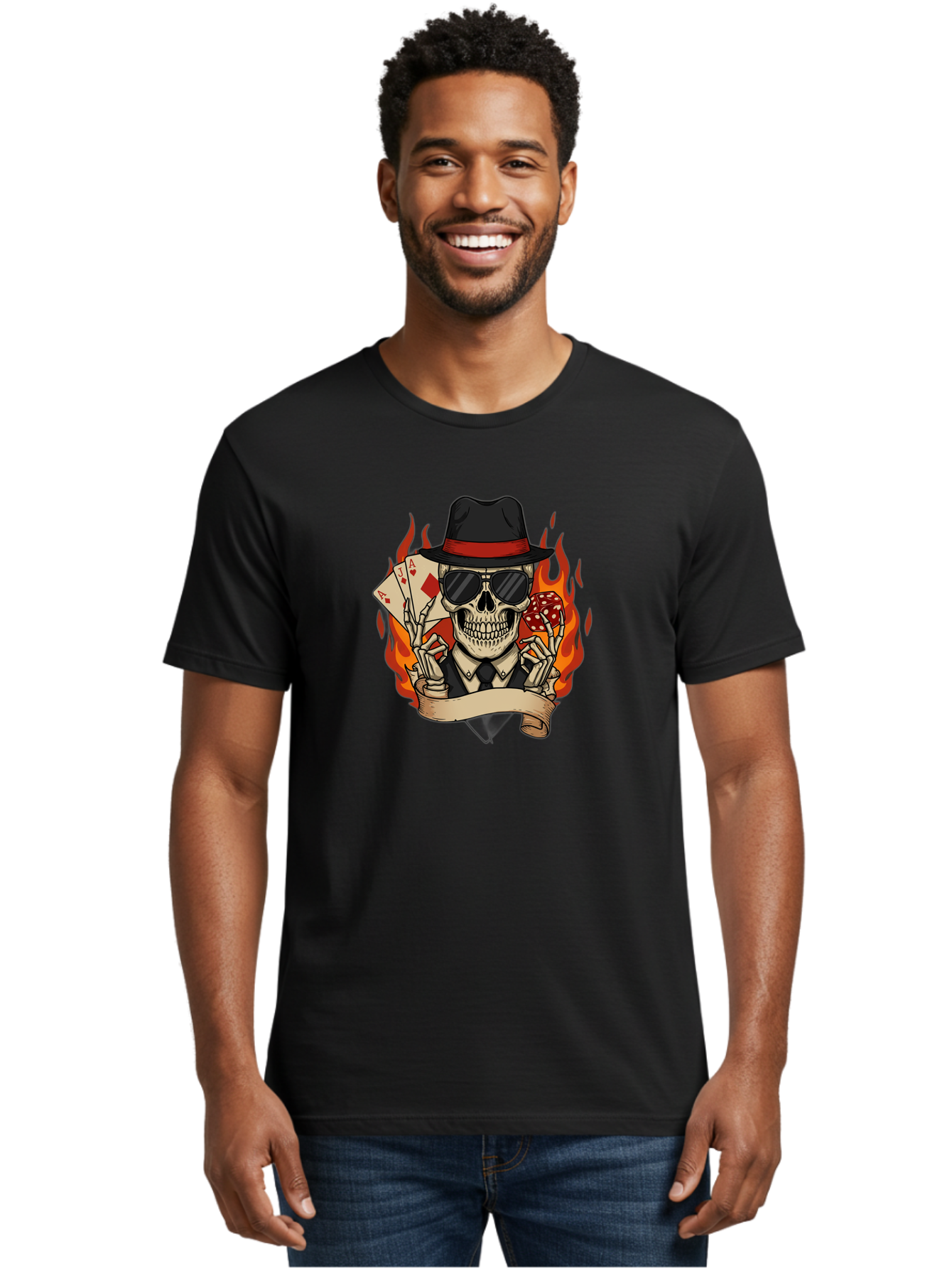Skeleton-Card-Player Men'S Graphic Tee, 100% Cotton, Comfortable Casual Summer Wear, Machine Washable, Skeleton In Suit And Hat, Playing Cards, Sunglasses, Skull, Poker Face, Flames, Banner, Red Mushroom, Gambler, Red Diamonds Bad569