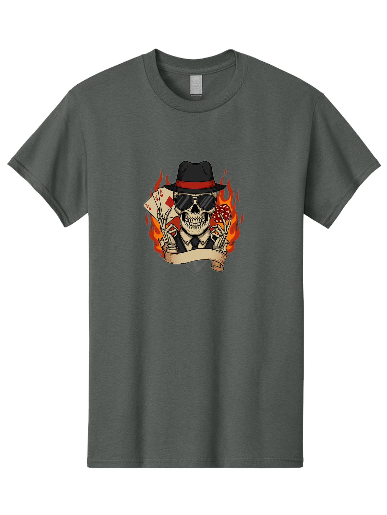 Skeleton-Card-Player Men'S Graphic Tee, 100% Cotton, Comfortable Casual Summer Wear, Machine Washable, Skeleton In Suit And Hat, Playing Cards, Sunglasses, Skull, Poker Face, Flames, Banner, Red Mushroom, Gambler, Red Diamonds Bad569