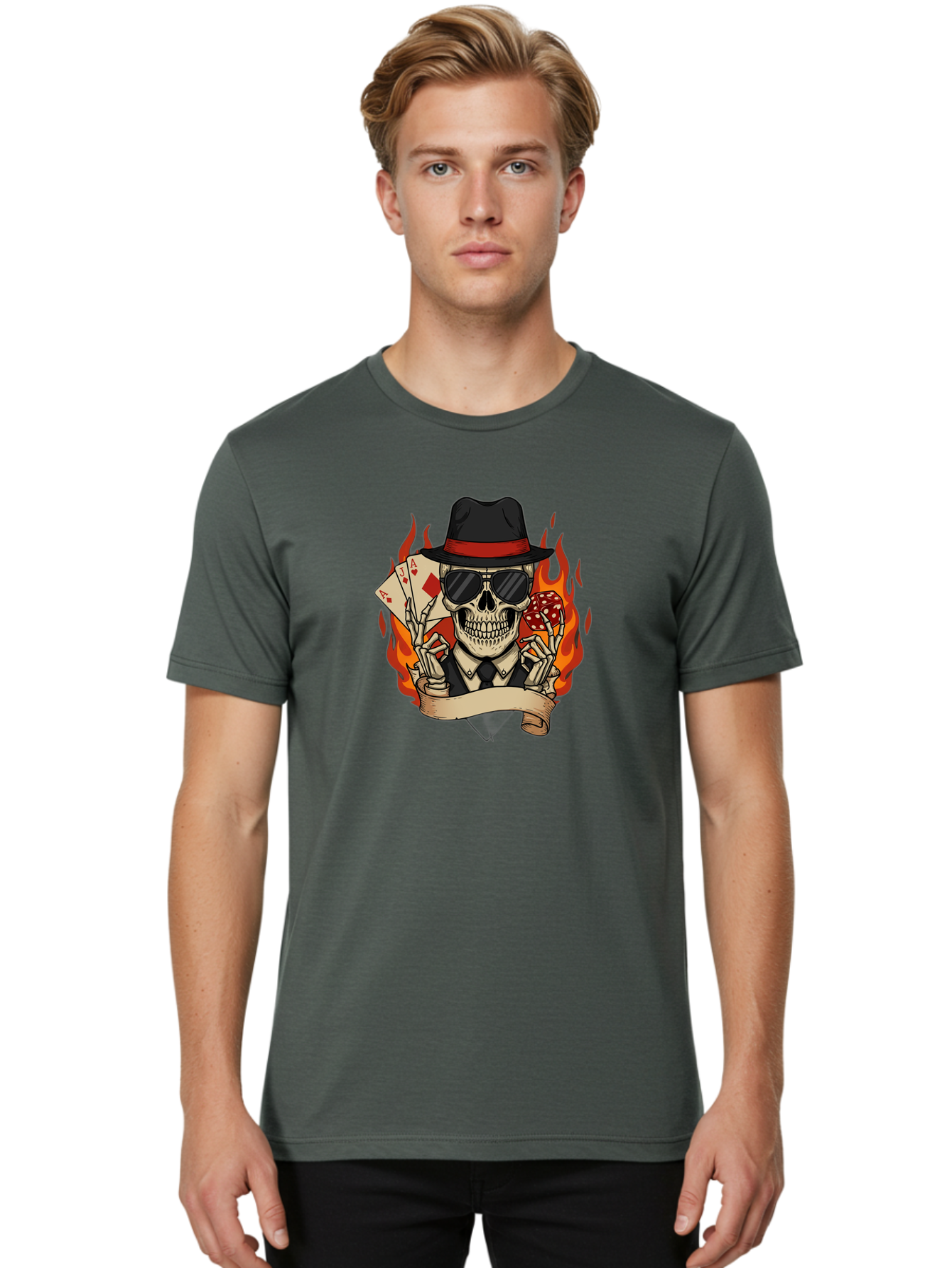 Skeleton-Card-Player Men'S Graphic Tee, 100% Cotton, Comfortable Casual Summer Wear, Machine Washable, Skeleton In Suit And Hat, Playing Cards, Sunglasses, Skull, Poker Face, Flames, Banner, Red Mushroom, Gambler, Red Diamonds Bad569