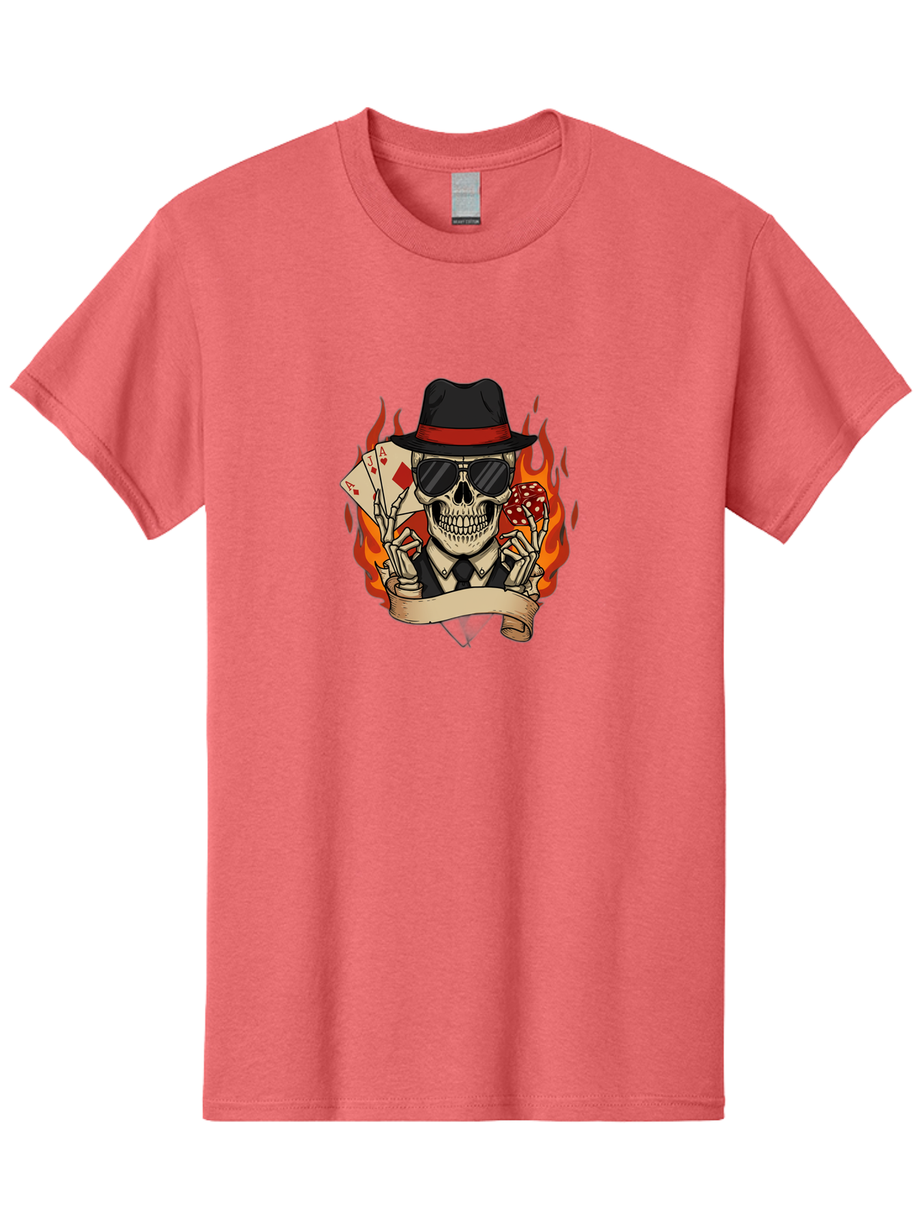Skeleton-Card-Player Men'S Graphic Tee, 100% Cotton, Comfortable Casual Summer Wear, Machine Washable, Skeleton In Suit And Hat, Playing Cards, Sunglasses, Skull, Poker Face, Flames, Banner, Red Mushroom, Gambler, Red Diamonds Bad569