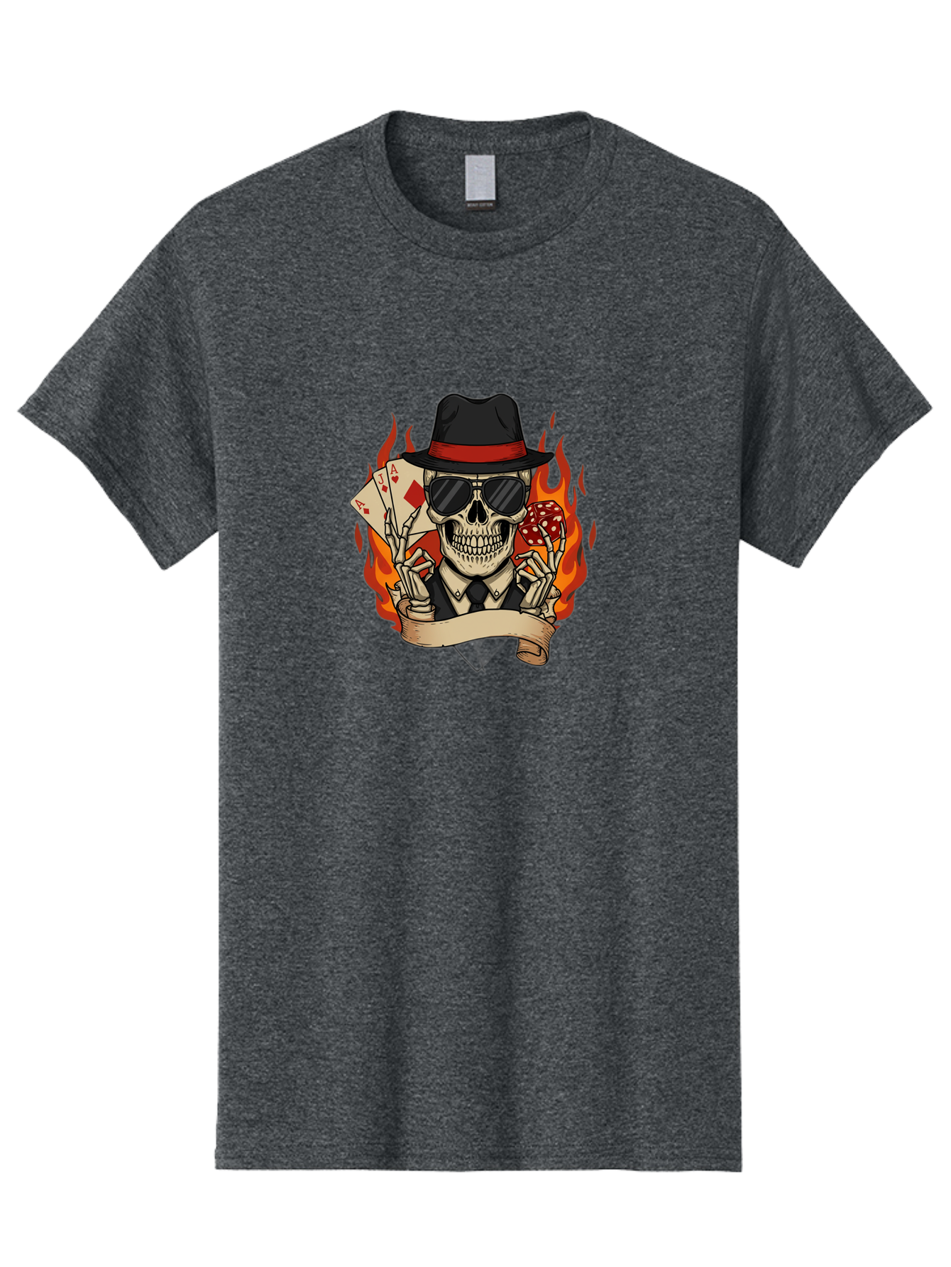 Skeleton-Card-Player Men'S Graphic Tee, 100% Cotton, Comfortable Casual Summer Wear, Machine Washable, Skeleton In Suit And Hat, Playing Cards, Sunglasses, Skull, Poker Face, Flames, Banner, Red Mushroom, Gambler, Red Diamonds Bad569