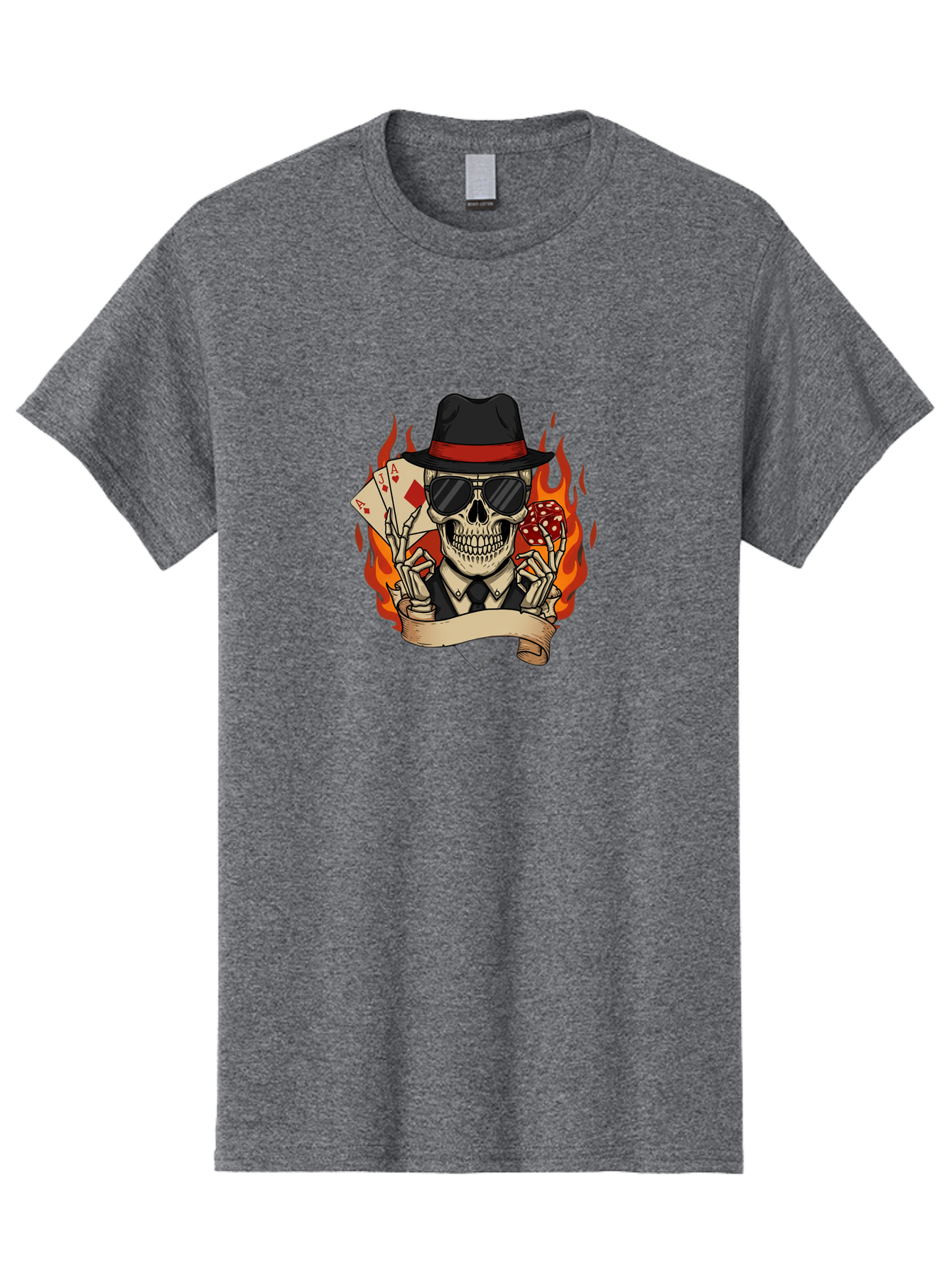 Skeleton-Card-Player Men'S Graphic Tee, 100% Cotton, Comfortable Casual Summer Wear, Machine Washable, Skeleton In Suit And Hat, Playing Cards, Sunglasses, Skull, Poker Face, Flames, Banner, Red Mushroom, Gambler, Red Diamonds Bad569