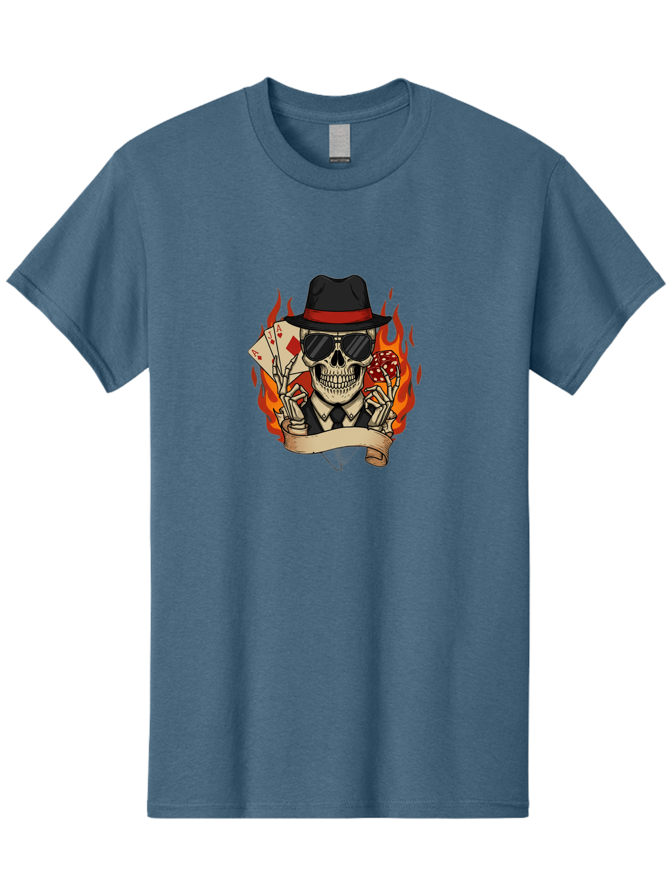 Skeleton-Card-Player Men'S Graphic Tee, 100% Cotton, Comfortable Casual Summer Wear, Machine Washable, Skeleton In Suit And Hat, Playing Cards, Sunglasses, Skull, Poker Face, Flames, Banner, Red Mushroom, Gambler, Red Diamonds Bad569