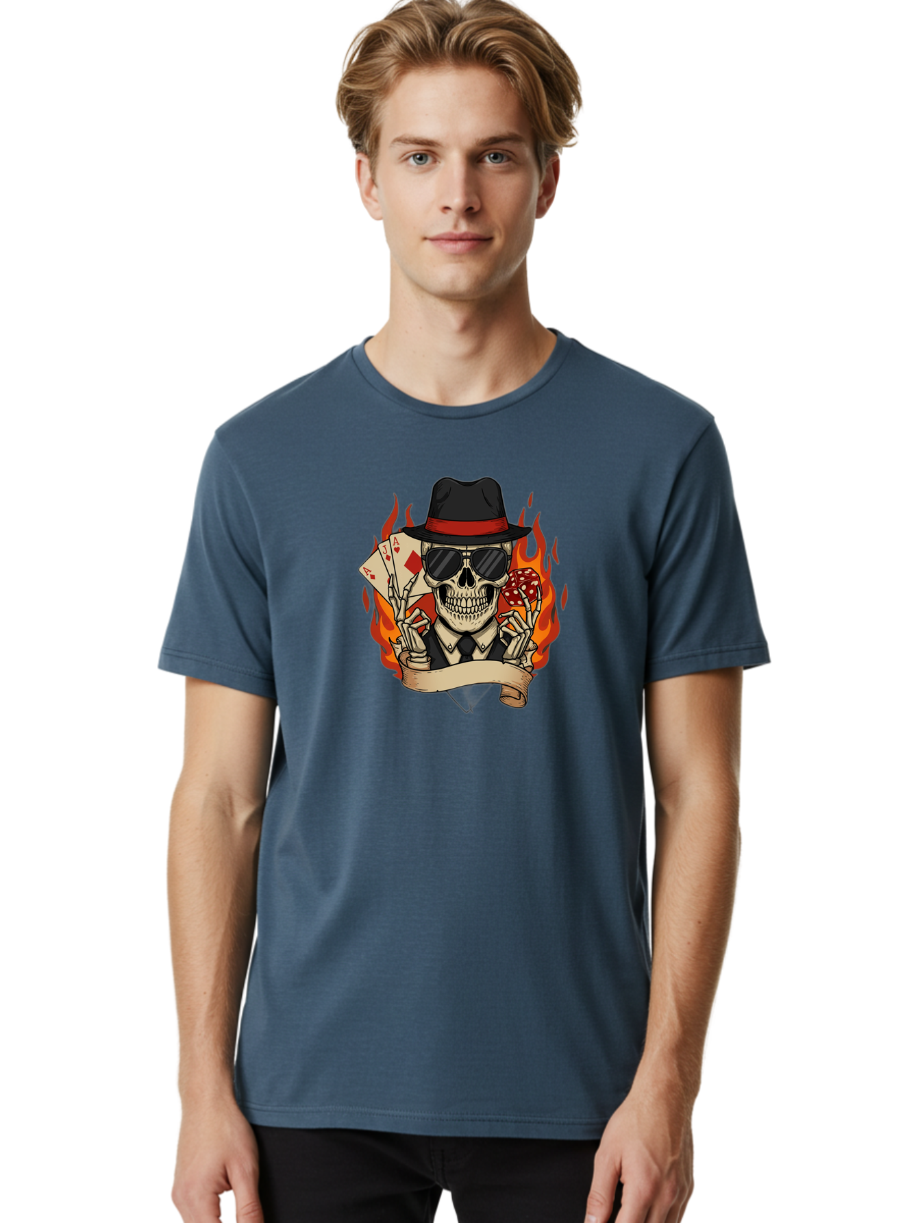 Skeleton-Card-Player Men'S Graphic Tee, 100% Cotton, Comfortable Casual Summer Wear, Machine Washable, Skeleton In Suit And Hat, Playing Cards, Sunglasses, Skull, Poker Face, Flames, Banner, Red Mushroom, Gambler, Red Diamonds Bad569