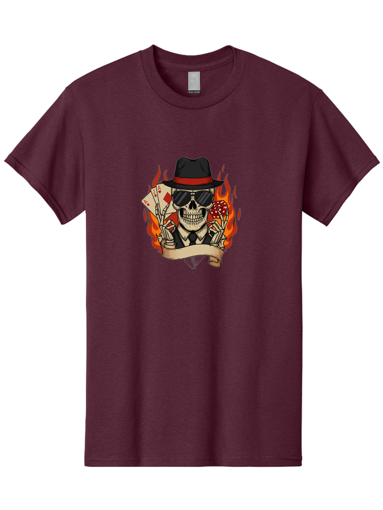 Skeleton-Card-Player Men'S Graphic Tee, 100% Cotton, Comfortable Casual Summer Wear, Machine Washable, Skeleton In Suit And Hat, Playing Cards, Sunglasses, Skull, Poker Face, Flames, Banner, Red Mushroom, Gambler, Red Diamonds Bad569