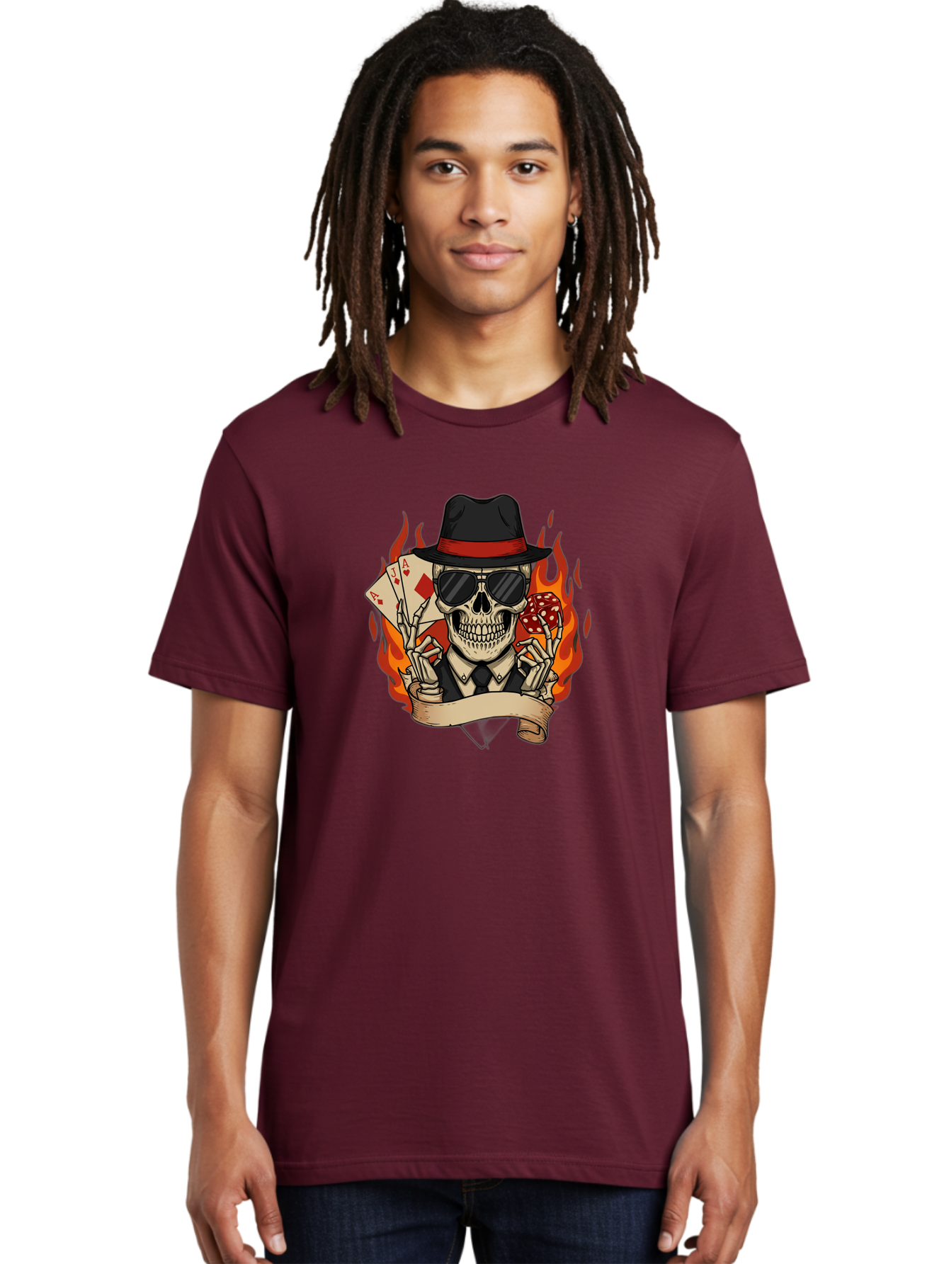 Skeleton-Card-Player Men'S Graphic Tee, 100% Cotton, Comfortable Casual Summer Wear, Machine Washable, Skeleton In Suit And Hat, Playing Cards, Sunglasses, Skull, Poker Face, Flames, Banner, Red Mushroom, Gambler, Red Diamonds Bad569