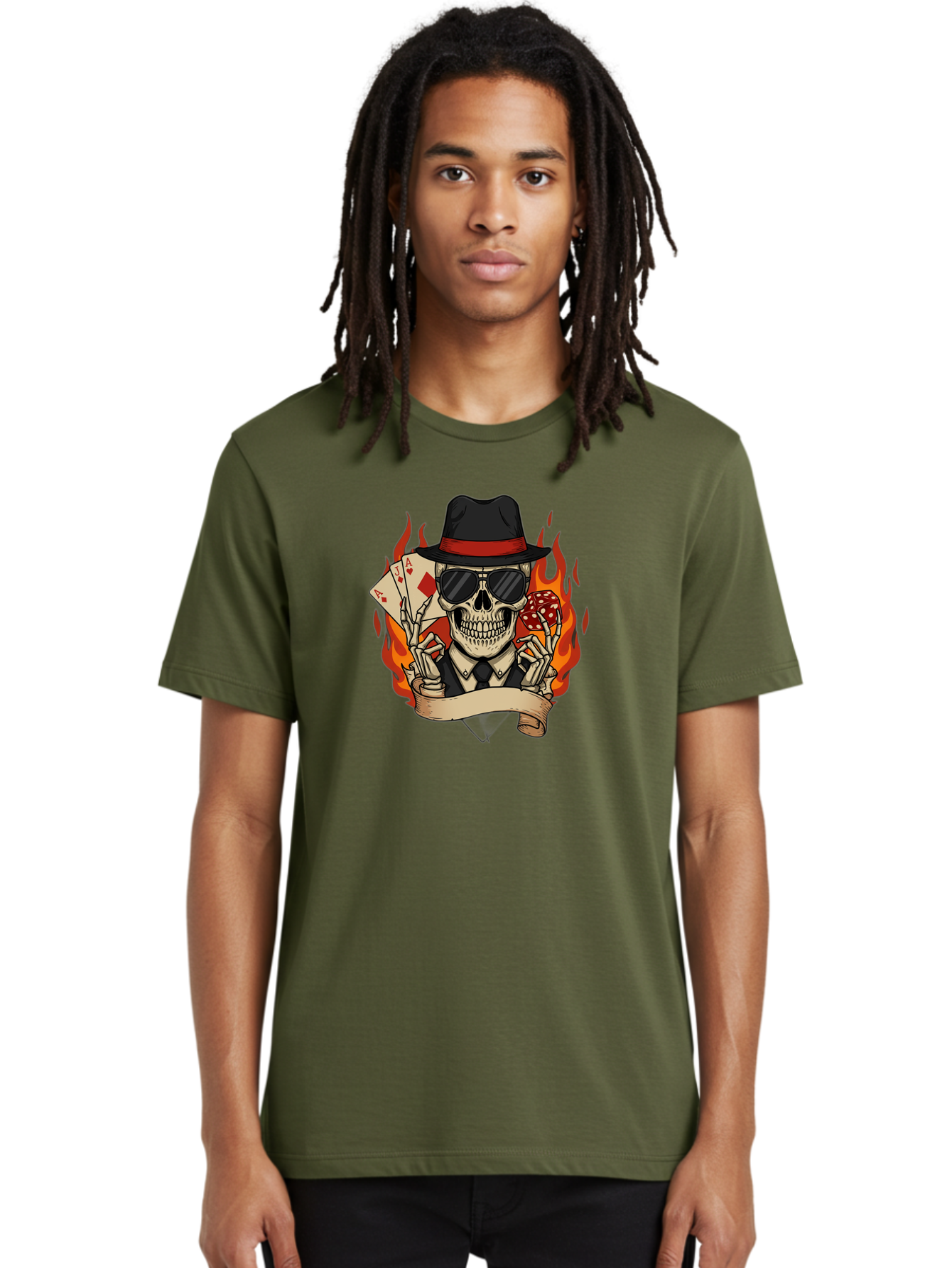 Skeleton-Card-Player Men'S Graphic Tee, 100% Cotton, Comfortable Casual Summer Wear, Machine Washable, Skeleton In Suit And Hat, Playing Cards, Sunglasses, Skull, Poker Face, Flames, Banner, Red Mushroom, Gambler, Red Diamonds Bad569
