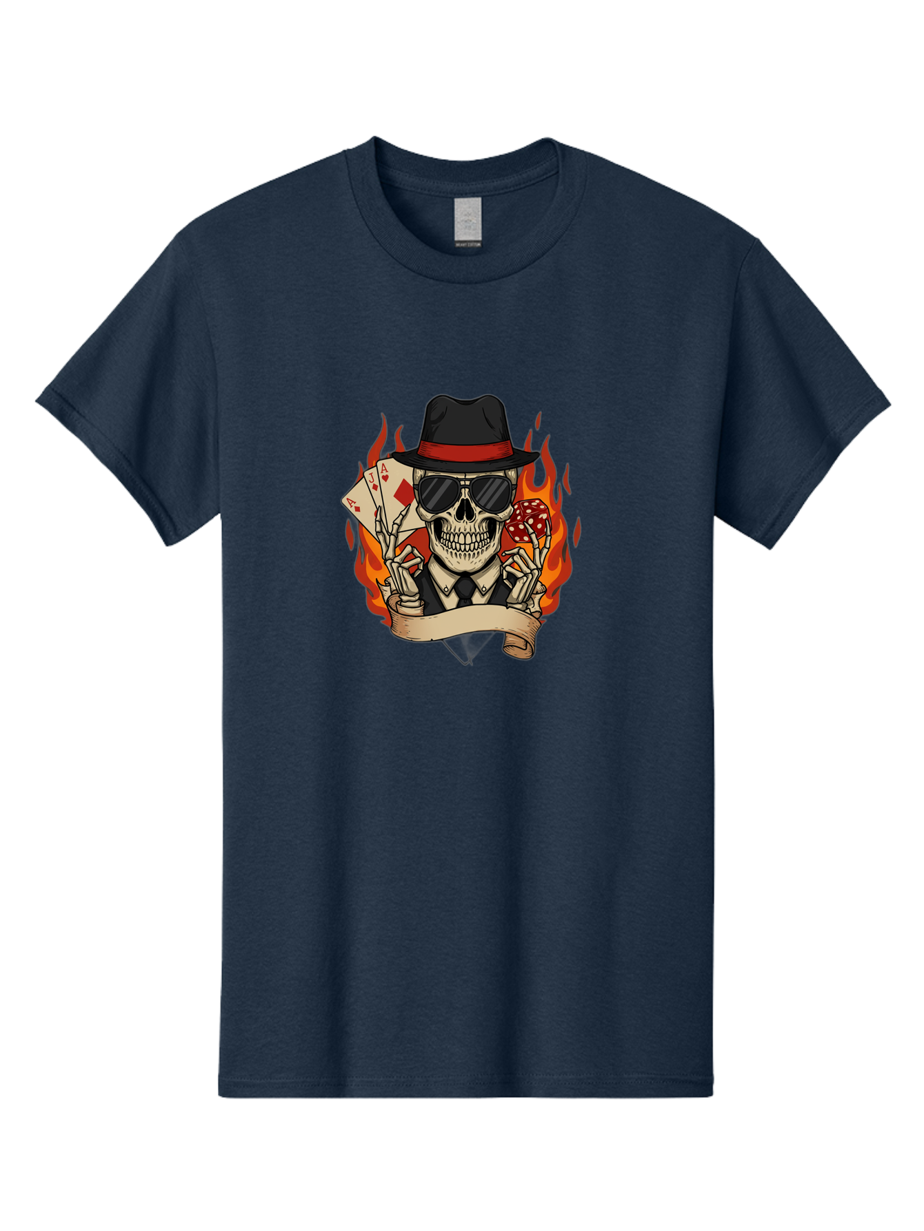 Skeleton-Card-Player Men'S Graphic Tee, 100% Cotton, Comfortable Casual Summer Wear, Machine Washable, Skeleton In Suit And Hat, Playing Cards, Sunglasses, Skull, Poker Face, Flames, Banner, Red Mushroom, Gambler, Red Diamonds Bad569