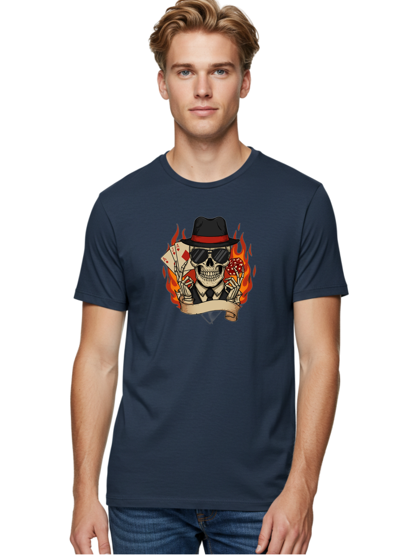 Skeleton-Card-Player Men'S Graphic Tee, 100% Cotton, Comfortable Casual Summer Wear, Machine Washable, Skeleton In Suit And Hat, Playing Cards, Sunglasses, Skull, Poker Face, Flames, Banner, Red Mushroom, Gambler, Red Diamonds Bad569