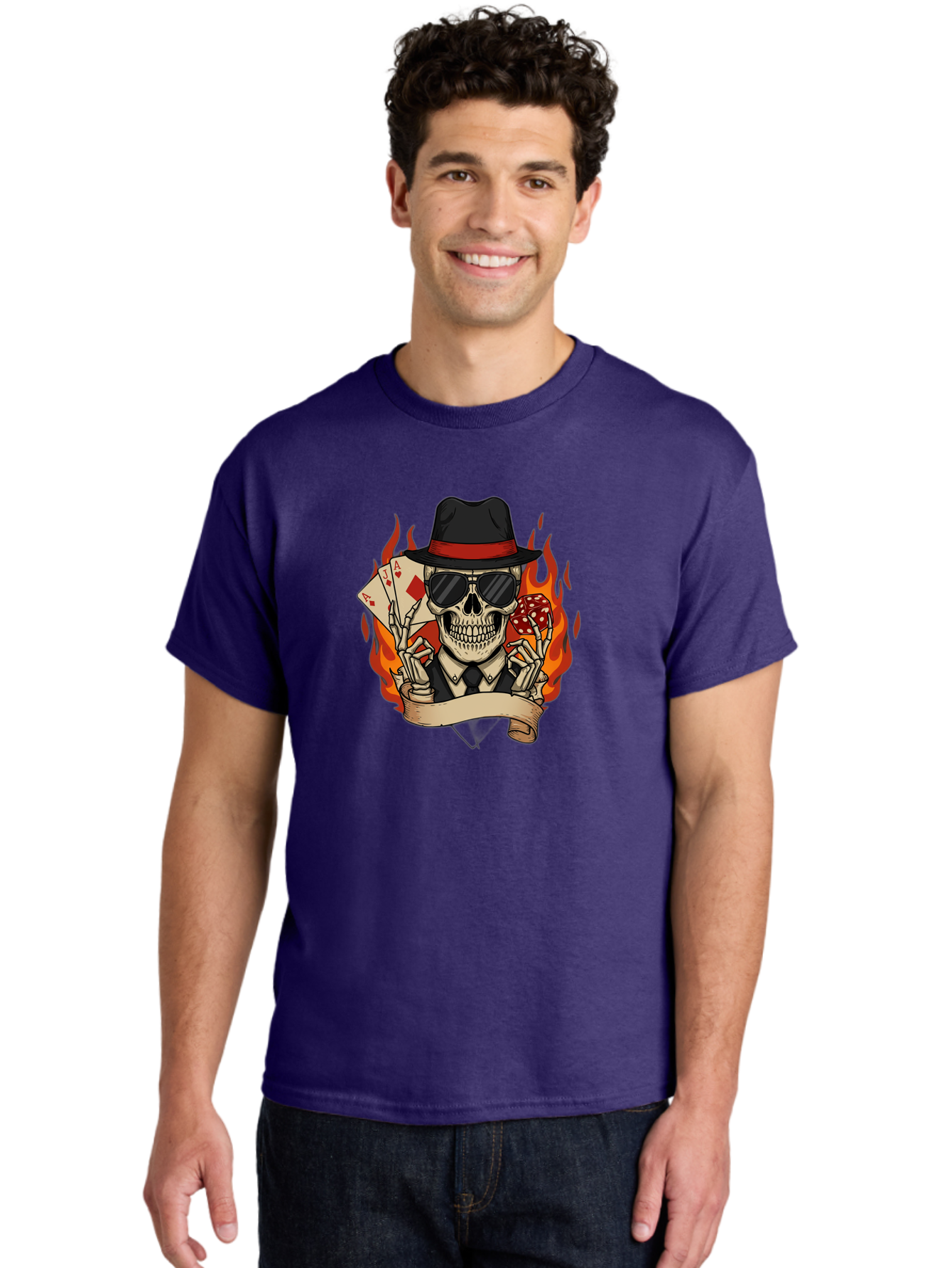 Skeleton-Card-Player Men'S Graphic Tee, 100% Cotton, Comfortable Casual Summer Wear, Machine Washable, Skeleton In Suit And Hat, Playing Cards, Sunglasses, Skull, Poker Face, Flames, Banner, Red Mushroom, Gambler, Red Diamonds Bad569