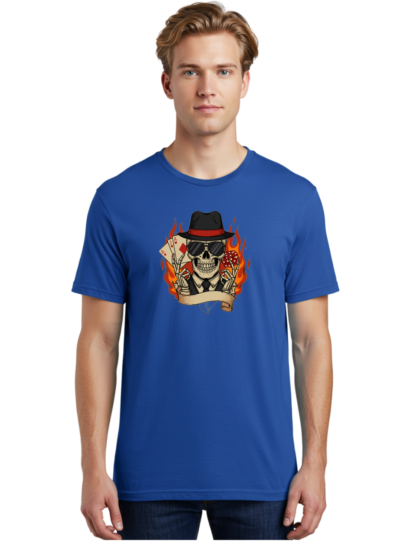 Skeleton-Card-Player Men'S Graphic Tee, 100% Cotton, Comfortable Casual Summer Wear, Machine Washable, Skeleton In Suit And Hat, Playing Cards, Sunglasses, Skull, Poker Face, Flames, Banner, Red Mushroom, Gambler, Red Diamonds Bad569