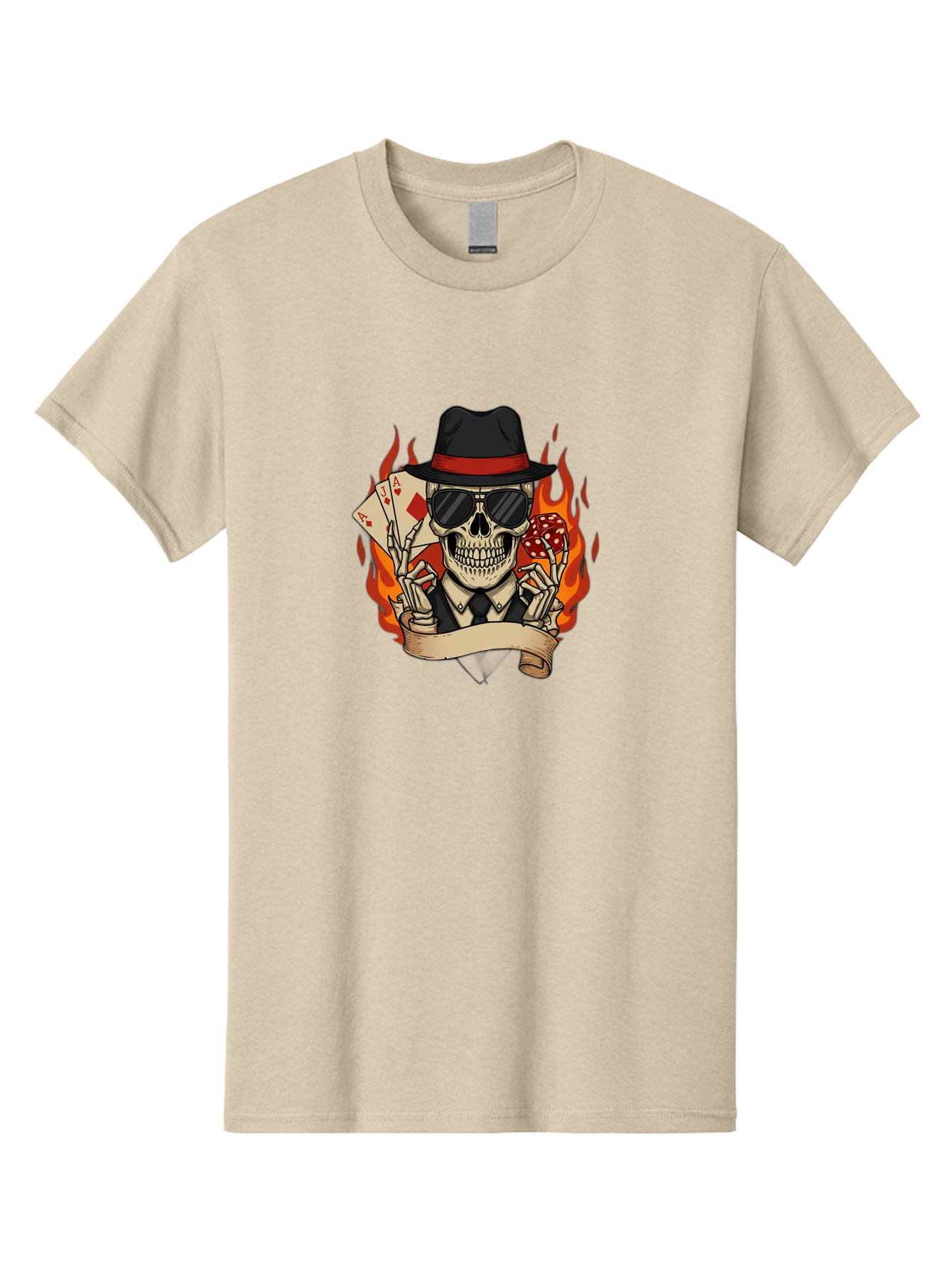 Skeleton-Card-Player Men'S Graphic Tee, 100% Cotton, Comfortable Casual Summer Wear, Machine Washable, Skeleton In Suit And Hat, Playing Cards, Sunglasses, Skull, Poker Face, Flames, Banner, Red Mushroom, Gambler, Red Diamonds Bad569
