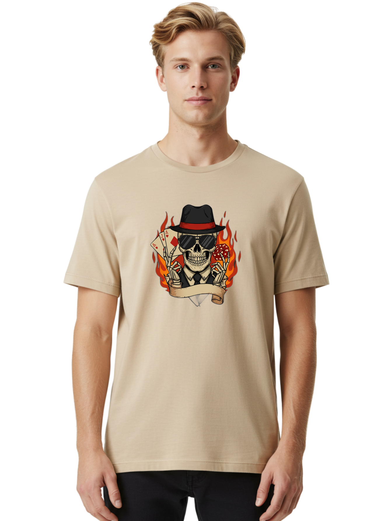 Skeleton-Card-Player Men'S Graphic Tee, 100% Cotton, Comfortable Casual Summer Wear, Machine Washable, Skeleton In Suit And Hat, Playing Cards, Sunglasses, Skull, Poker Face, Flames, Banner, Red Mushroom, Gambler, Red Diamonds Bad569