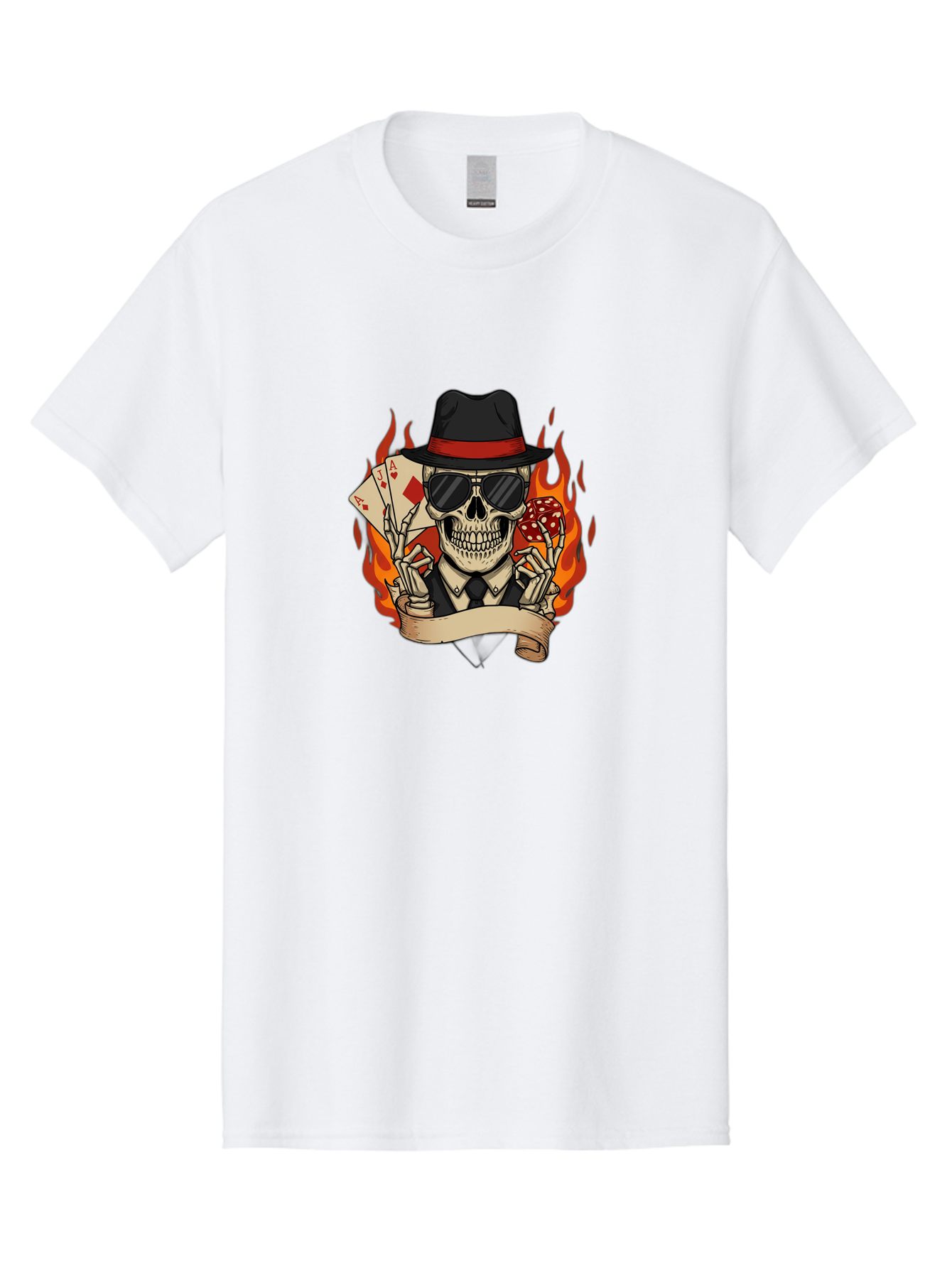 Skeleton-Card-Player Men'S Graphic Tee, 100% Cotton, Comfortable Casual Summer Wear, Machine Washable, Skeleton In Suit And Hat, Playing Cards, Sunglasses, Skull, Poker Face, Flames, Banner, Red Mushroom, Gambler, Red Diamonds Bad569