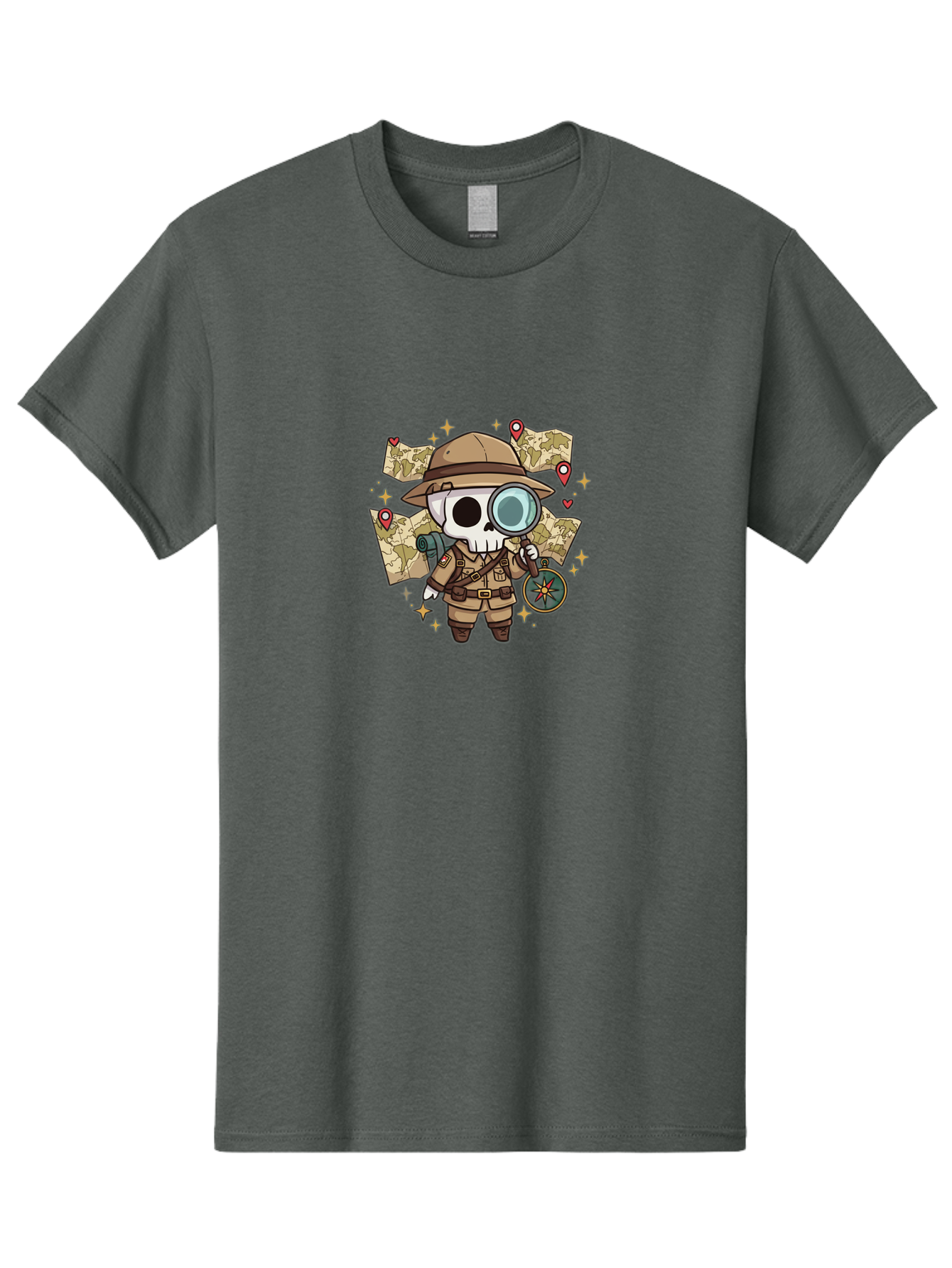 Skeleton-Explorer Men'S Graphic Tee, 100% Cotton, Comfortable Casual Summer Wear, Machine Washable, Cartoon Skeleton, Explorer Outfit, Safari Hat, Magnifying Glass, Map, Compass, Adventure, Discovery, Treasure Hunt, Travel, Exploration, Bad571