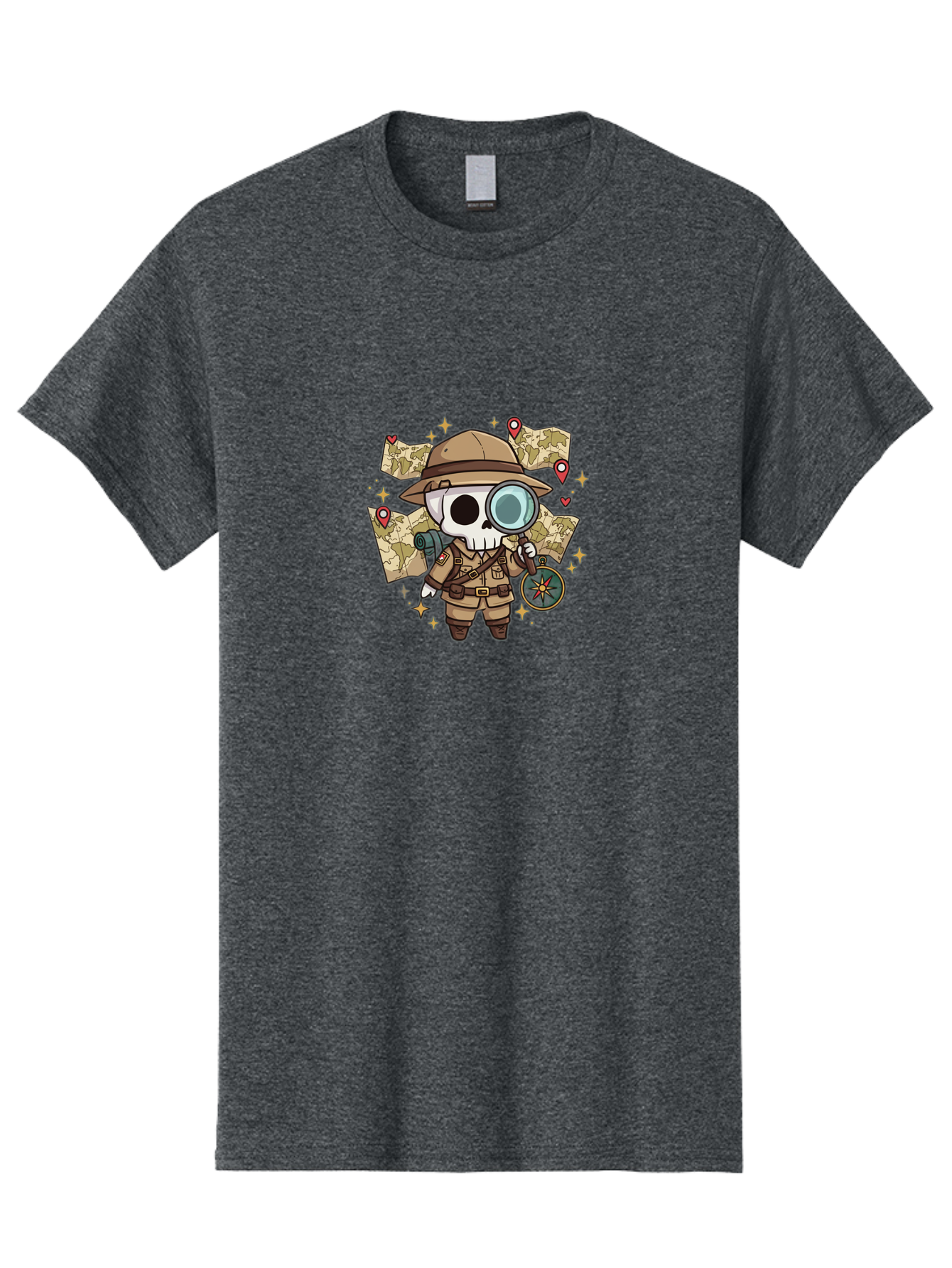 Skeleton-Explorer Men'S Graphic Tee, 100% Cotton, Comfortable Casual Summer Wear, Machine Washable, Cartoon Skeleton, Explorer Outfit, Safari Hat, Magnifying Glass, Map, Compass, Adventure, Discovery, Treasure Hunt, Travel, Exploration, Bad571