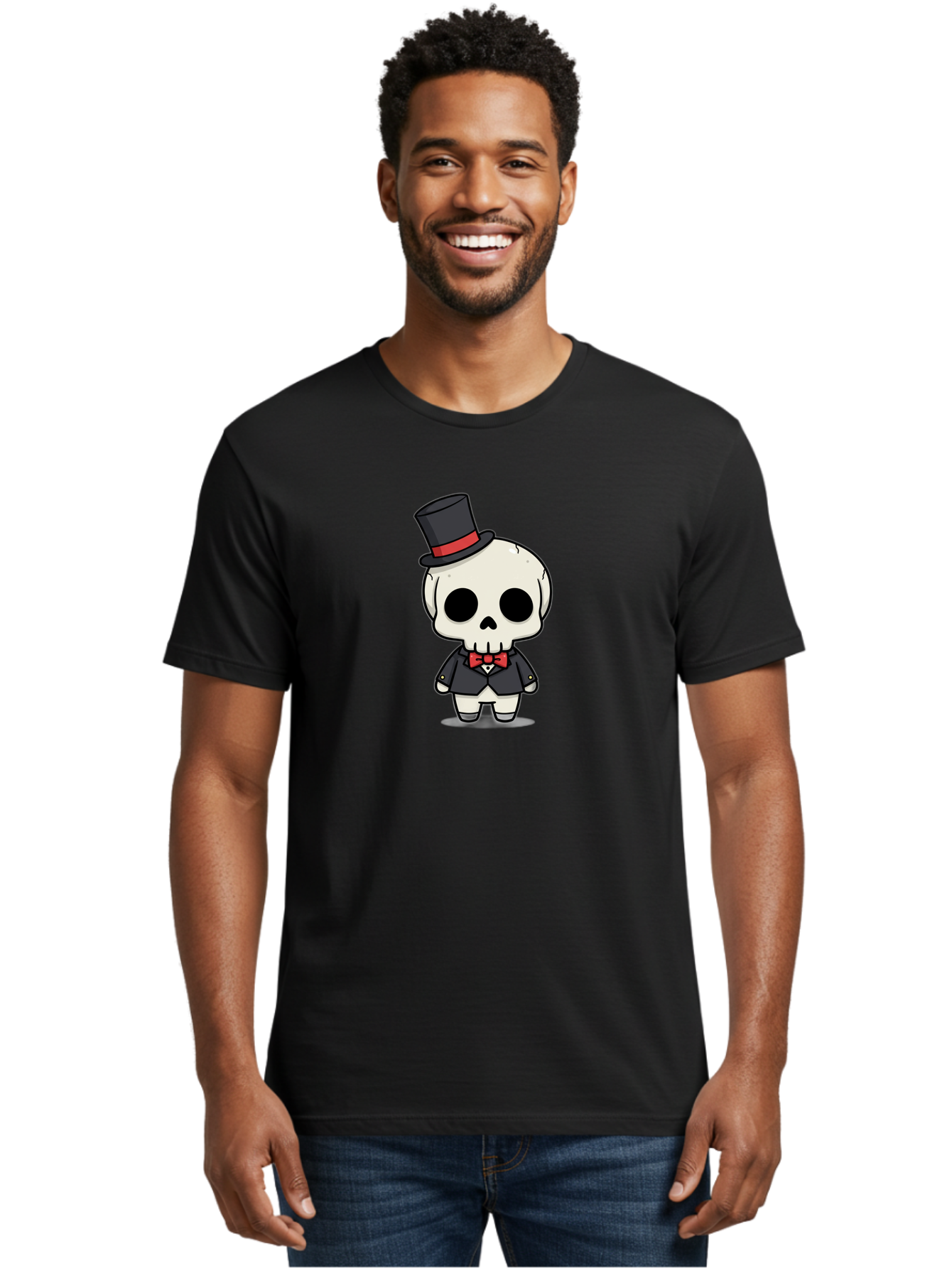 Skeleton-Gentleman Men'S Graphic Tee, 100% Cotton, Comfortable Casual Summer Wear, Machine Washable, Cartoon Skeleton, Gentleman Attire, Top Hat, Bow Tie, Spooky Chic, Halloween Style, Formal Wear, Skull Character, Kawaii Aesthetic, Bad572