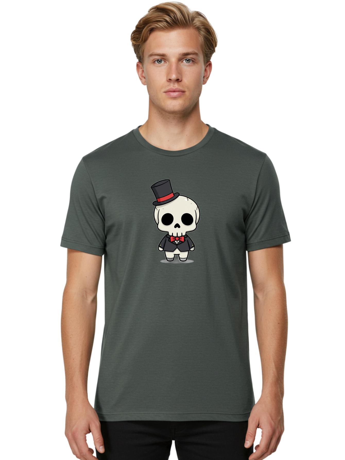 Skeleton-Gentleman Men'S Graphic Tee, 100% Cotton, Comfortable Casual Summer Wear, Machine Washable, Cartoon Skeleton, Gentleman Attire, Top Hat, Bow Tie, Spooky Chic, Halloween Style, Formal Wear, Skull Character, Kawaii Aesthetic, Bad572