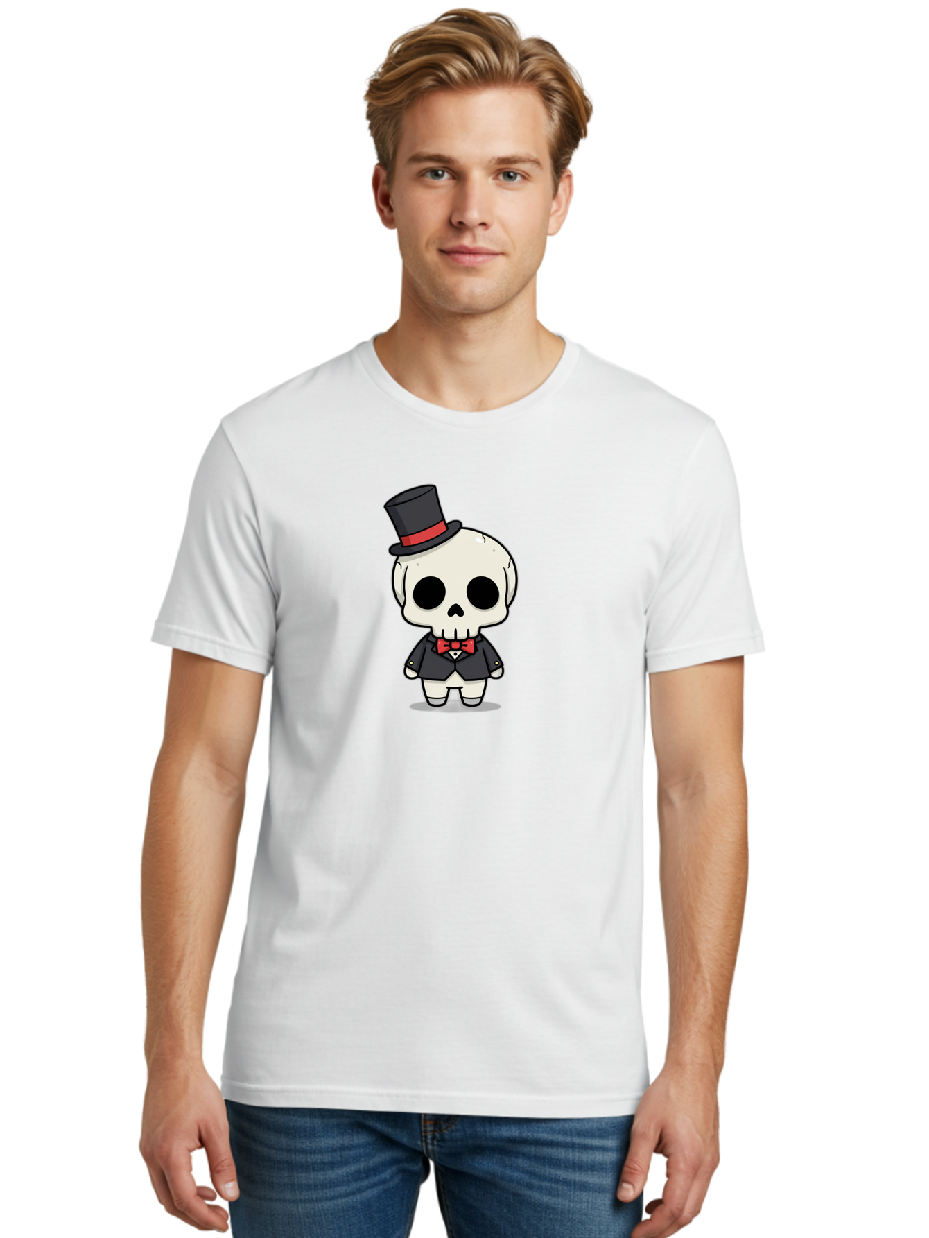 Skeleton-Gentleman Men'S Graphic Tee, 100% Cotton, Comfortable Casual Summer Wear, Machine Washable, Cartoon Skeleton, Gentleman Attire, Top Hat, Bow Tie, Spooky Chic, Halloween Style, Formal Wear, Skull Character, Kawaii Aesthetic, Bad572