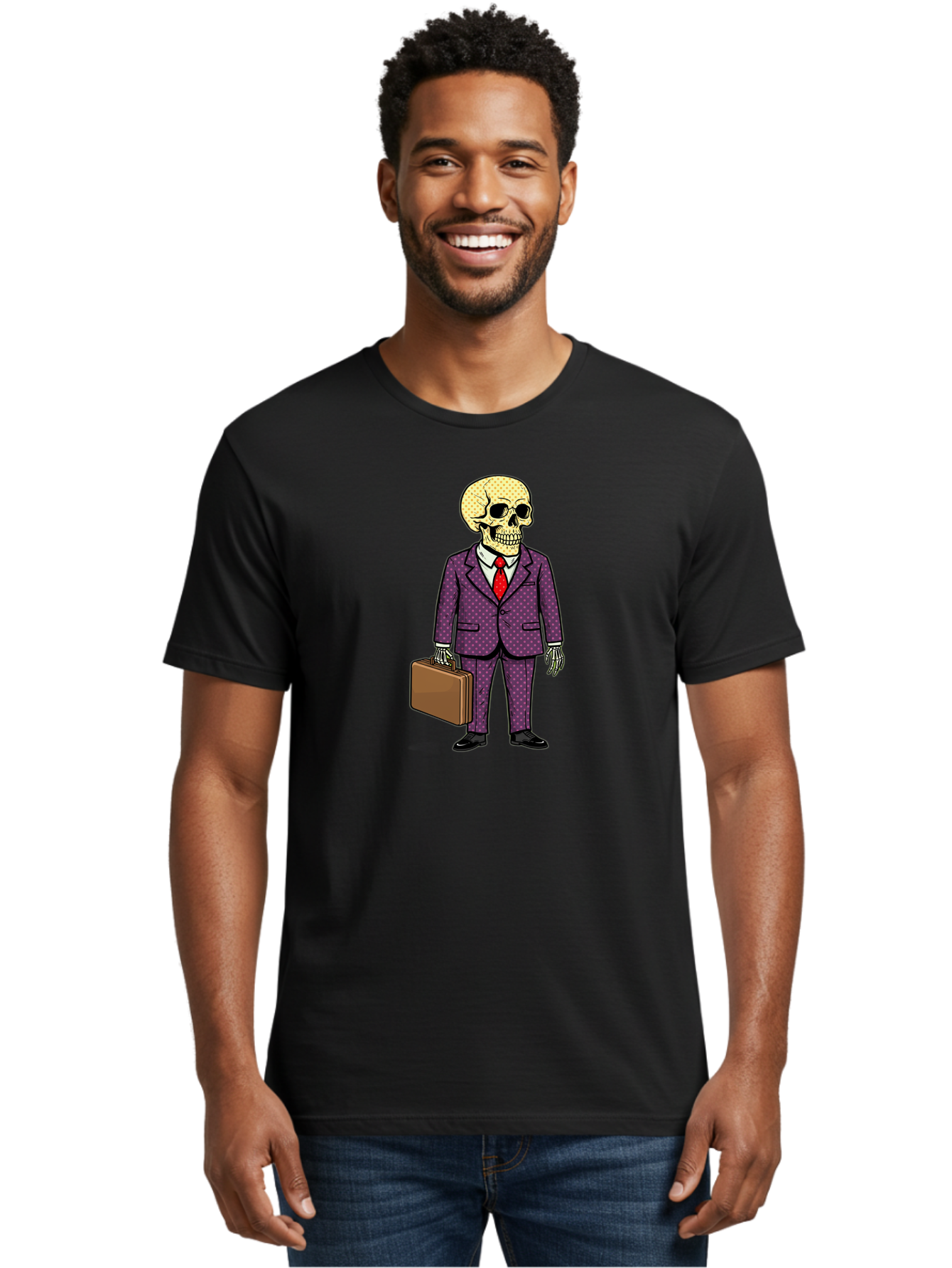 Skeleton-In-Suit-1 Men'S Graphic Tee, 100% Cotton, Comfortable Casual Summer Wear, Machine Washable, Skeleton In Business Attire, Formal Wear, Corporate Style, Briefcase, Red Tie, White Shirt, Purple Suit, Dot Pattern, Skull, Bones, Bad573