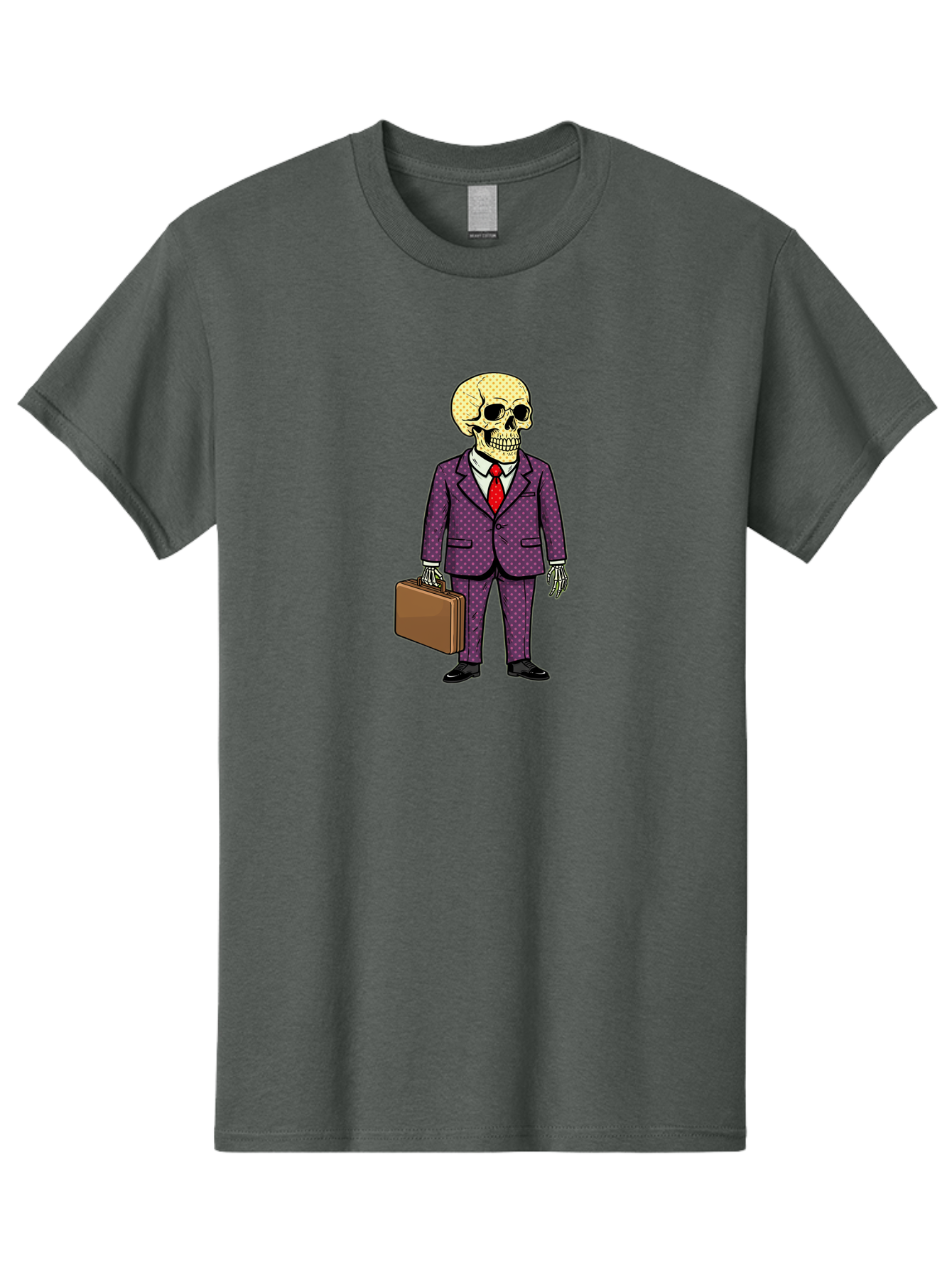 Skeleton-In-Suit-1 Men'S Graphic Tee, 100% Cotton, Comfortable Casual Summer Wear, Machine Washable, Skeleton In Business Attire, Formal Wear, Corporate Style, Briefcase, Red Tie, White Shirt, Purple Suit, Dot Pattern, Skull, Bones, Bad573