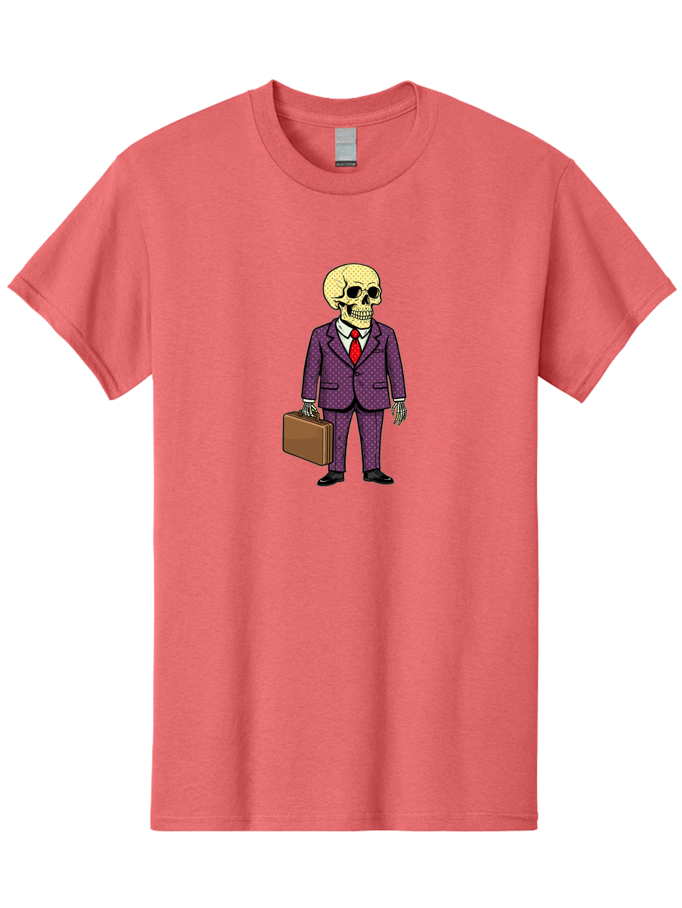 Skeleton-In-Suit-1 Men'S Graphic Tee, 100% Cotton, Comfortable Casual Summer Wear, Machine Washable, Skeleton In Business Attire, Formal Wear, Corporate Style, Briefcase, Red Tie, White Shirt, Purple Suit, Dot Pattern, Skull, Bones, Bad573