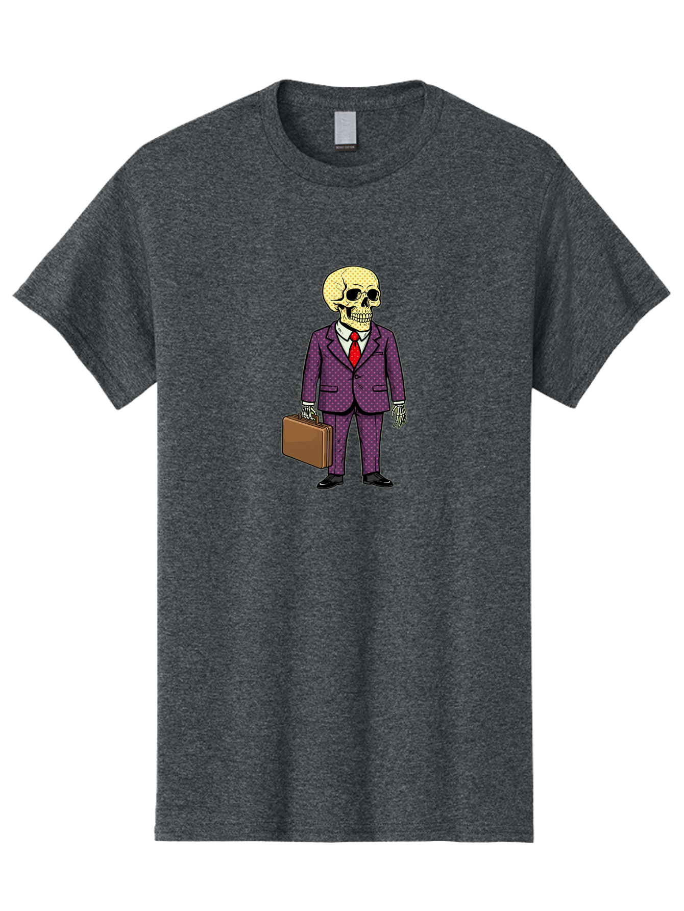 Skeleton-In-Suit-1 Men'S Graphic Tee, 100% Cotton, Comfortable Casual Summer Wear, Machine Washable, Skeleton In Business Attire, Formal Wear, Corporate Style, Briefcase, Red Tie, White Shirt, Purple Suit, Dot Pattern, Skull, Bones, Bad573