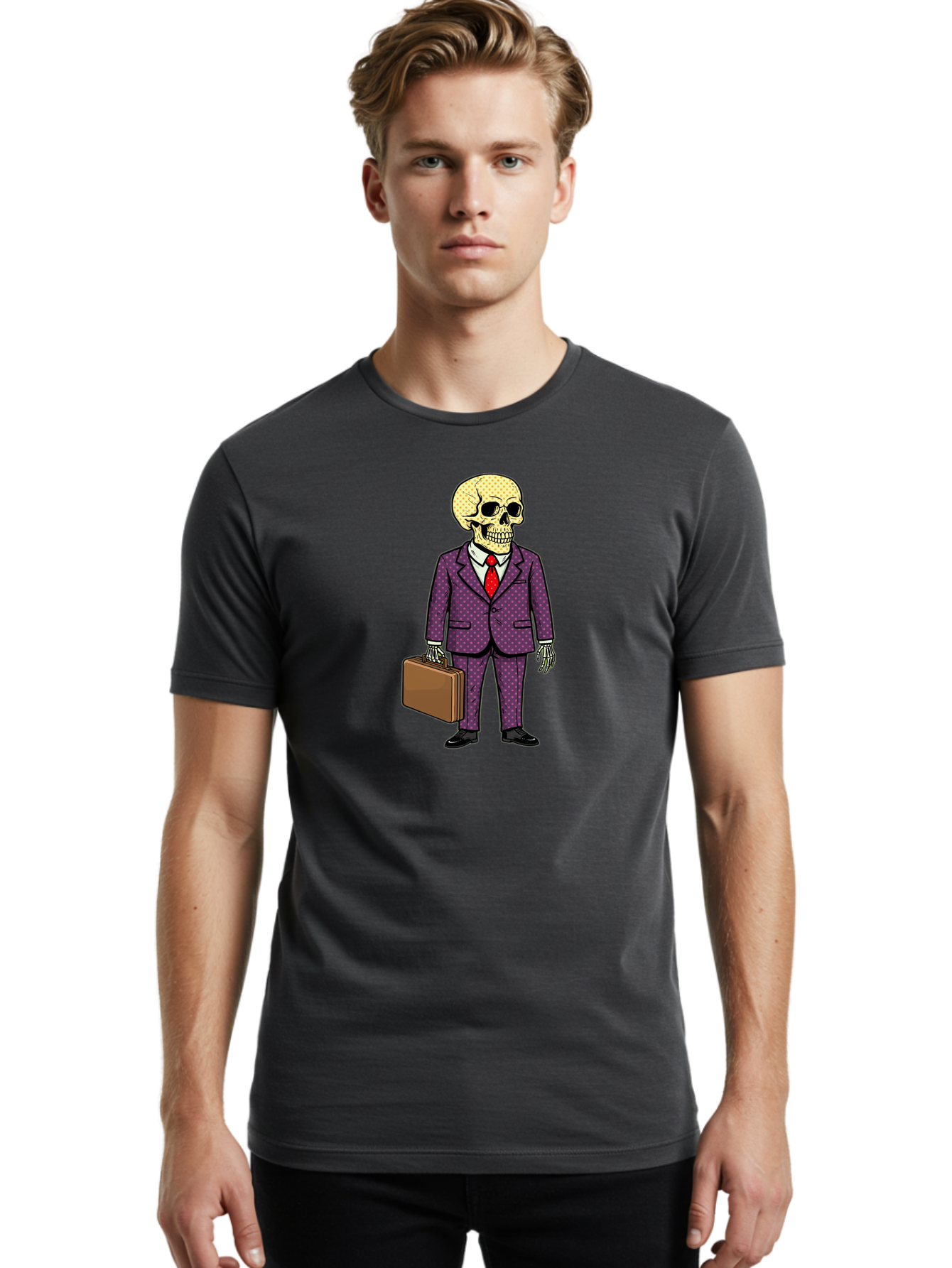 Skeleton-In-Suit-1 Men'S Graphic Tee, 100% Cotton, Comfortable Casual Summer Wear, Machine Washable, Skeleton In Business Attire, Formal Wear, Corporate Style, Briefcase, Red Tie, White Shirt, Purple Suit, Dot Pattern, Skull, Bones, Bad573