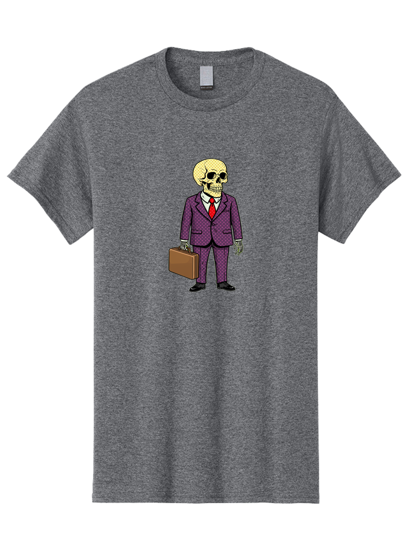 Skeleton-In-Suit-1 Men'S Graphic Tee, 100% Cotton, Comfortable Casual Summer Wear, Machine Washable, Skeleton In Business Attire, Formal Wear, Corporate Style, Briefcase, Red Tie, White Shirt, Purple Suit, Dot Pattern, Skull, Bones, Bad573