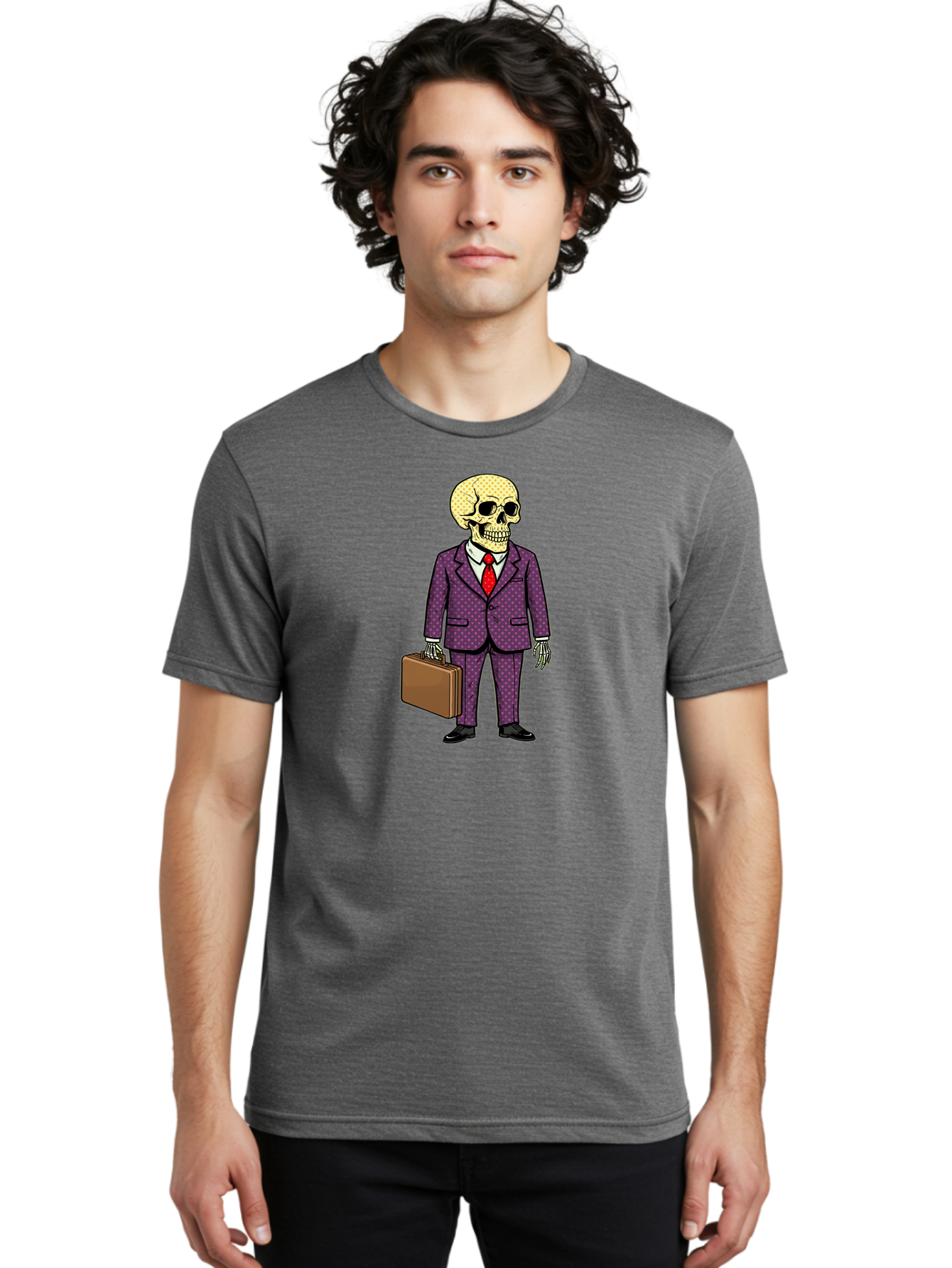 Skeleton-In-Suit-1 Men'S Graphic Tee, 100% Cotton, Comfortable Casual Summer Wear, Machine Washable, Skeleton In Business Attire, Formal Wear, Corporate Style, Briefcase, Red Tie, White Shirt, Purple Suit, Dot Pattern, Skull, Bones, Bad573