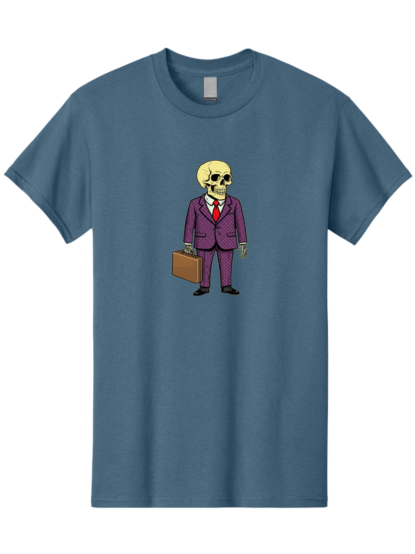 Skeleton-In-Suit-1 Men'S Graphic Tee, 100% Cotton, Comfortable Casual Summer Wear, Machine Washable, Skeleton In Business Attire, Formal Wear, Corporate Style, Briefcase, Red Tie, White Shirt, Purple Suit, Dot Pattern, Skull, Bones, Bad573