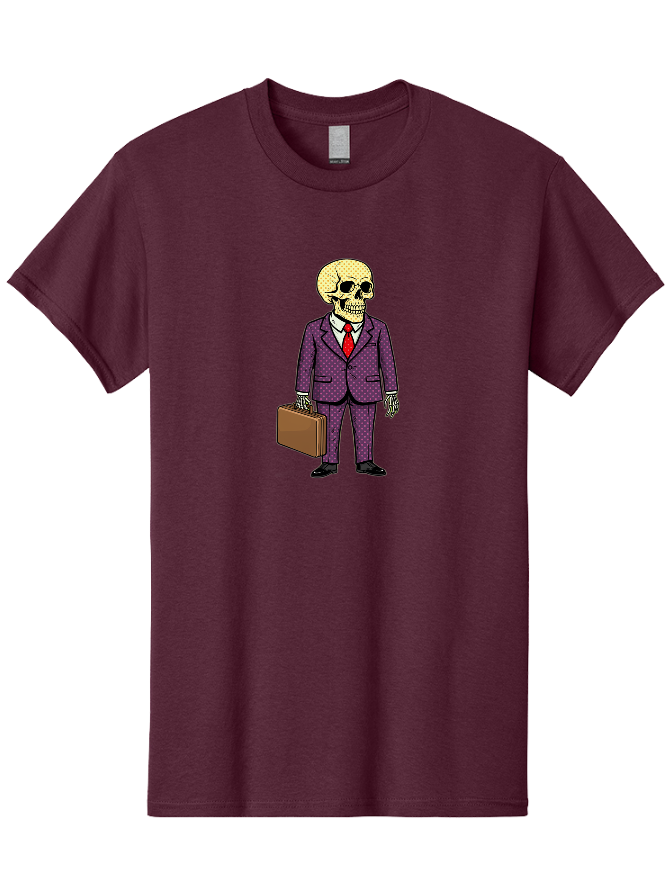 Skeleton-In-Suit-1 Men'S Graphic Tee, 100% Cotton, Comfortable Casual Summer Wear, Machine Washable, Skeleton In Business Attire, Formal Wear, Corporate Style, Briefcase, Red Tie, White Shirt, Purple Suit, Dot Pattern, Skull, Bones, Bad573
