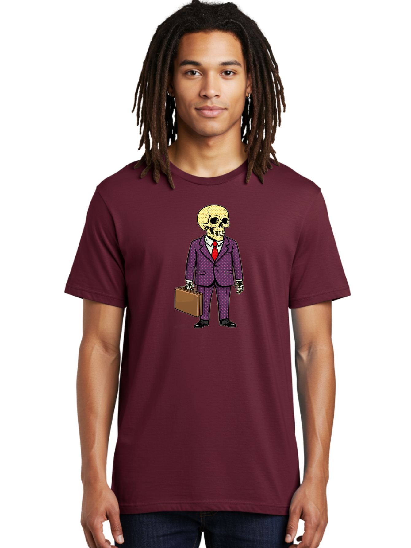Skeleton-In-Suit-1 Men'S Graphic Tee, 100% Cotton, Comfortable Casual Summer Wear, Machine Washable, Skeleton In Business Attire, Formal Wear, Corporate Style, Briefcase, Red Tie, White Shirt, Purple Suit, Dot Pattern, Skull, Bones, Bad573