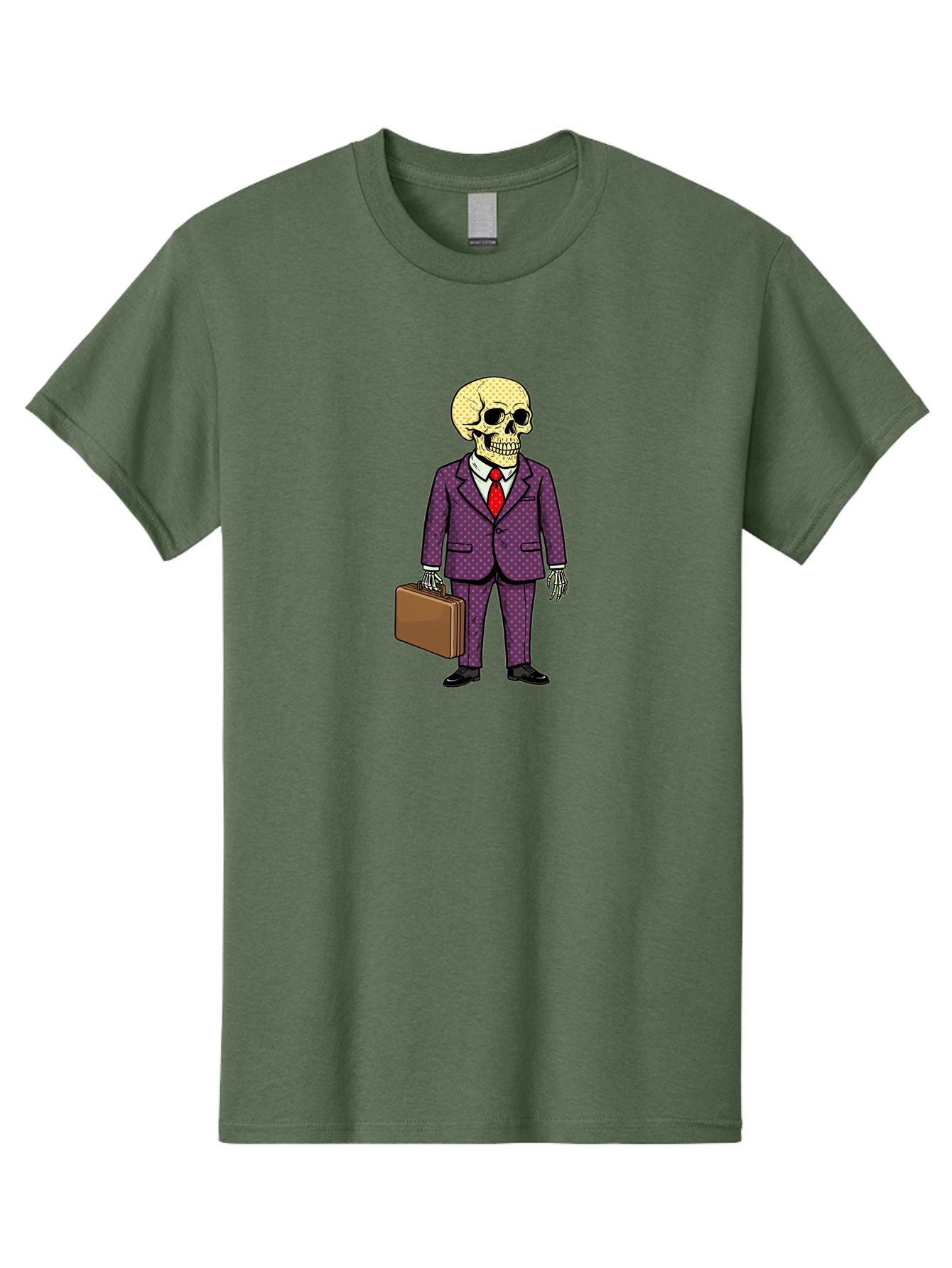 Skeleton-In-Suit-1 Men'S Graphic Tee, 100% Cotton, Comfortable Casual Summer Wear, Machine Washable, Skeleton In Business Attire, Formal Wear, Corporate Style, Briefcase, Red Tie, White Shirt, Purple Suit, Dot Pattern, Skull, Bones, Bad573