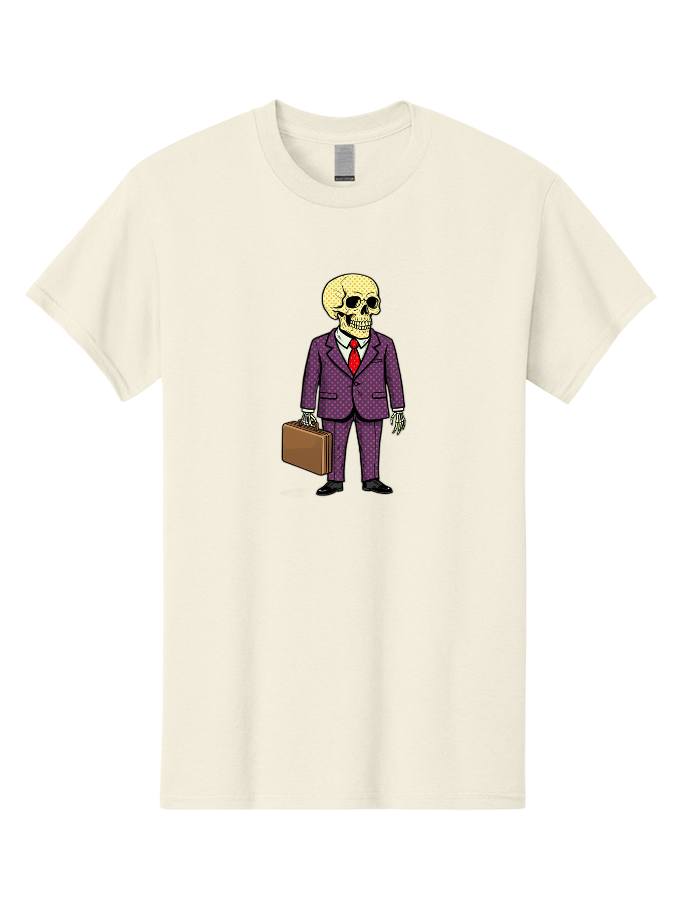 Skeleton-In-Suit-1 Men'S Graphic Tee, 100% Cotton, Comfortable Casual Summer Wear, Machine Washable, Skeleton In Business Attire, Formal Wear, Corporate Style, Briefcase, Red Tie, White Shirt, Purple Suit, Dot Pattern, Skull, Bones, Bad573