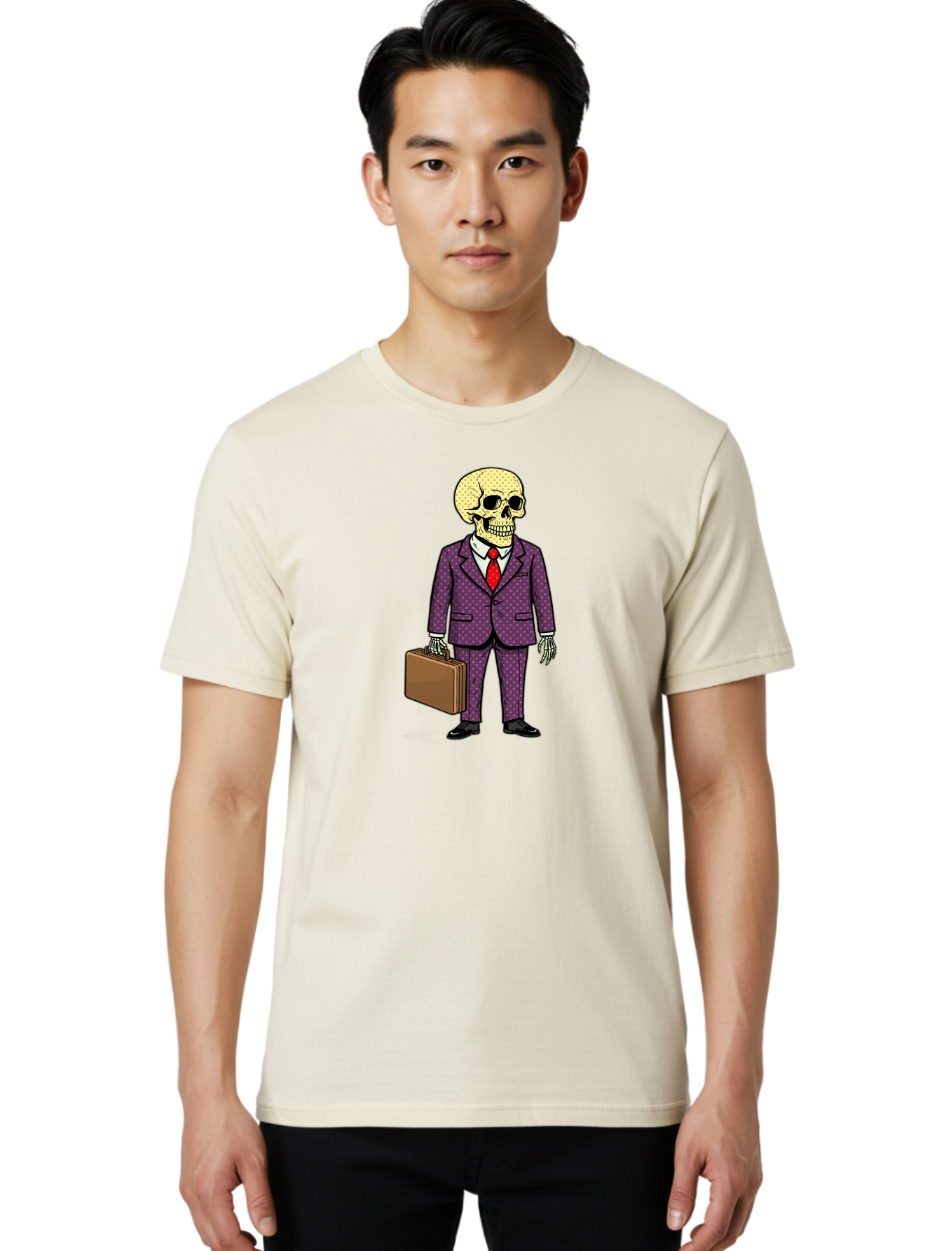 Skeleton-In-Suit-1 Men'S Graphic Tee, 100% Cotton, Comfortable Casual Summer Wear, Machine Washable, Skeleton In Business Attire, Formal Wear, Corporate Style, Briefcase, Red Tie, White Shirt, Purple Suit, Dot Pattern, Skull, Bones, Bad573
