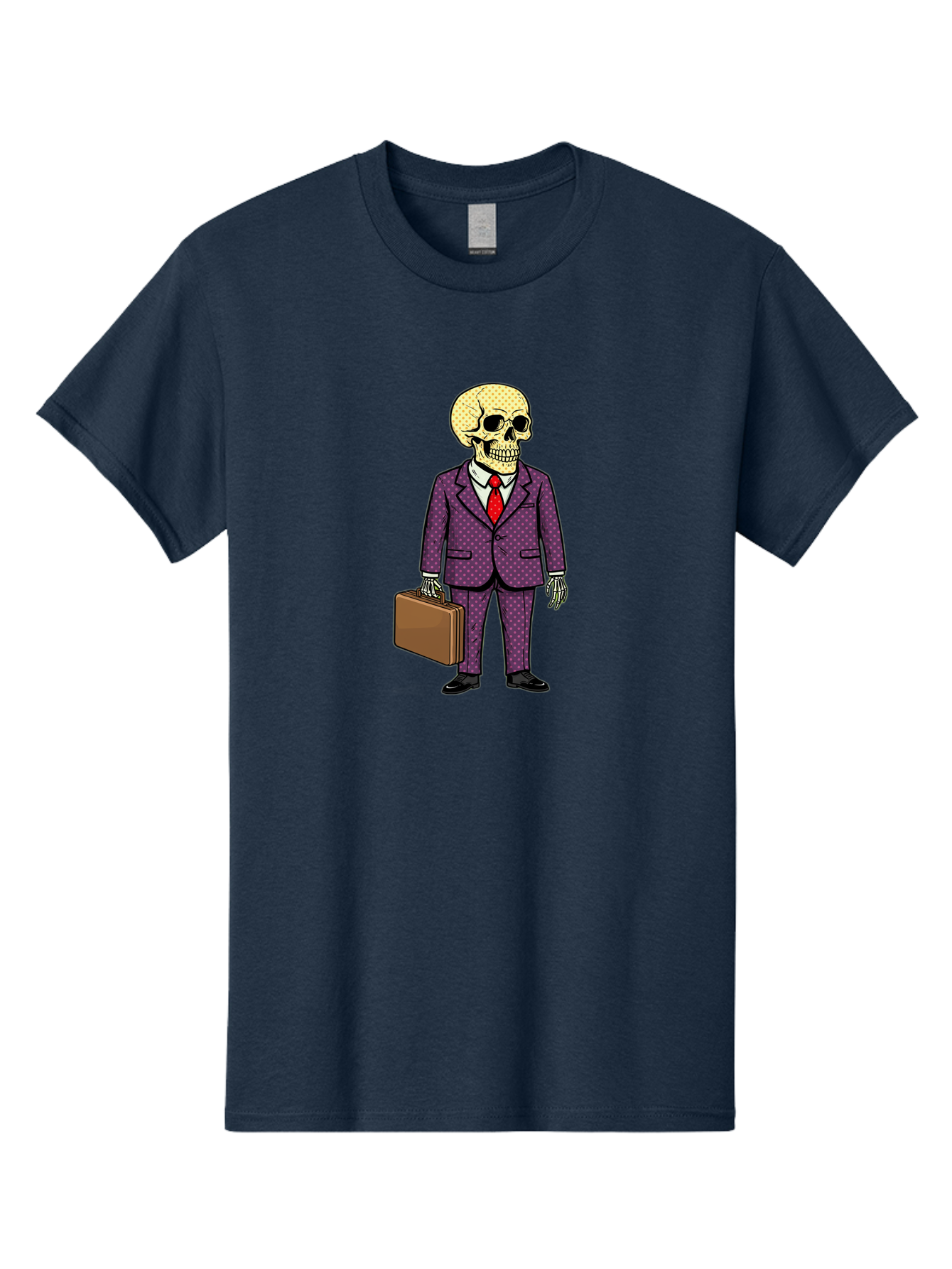 Skeleton-In-Suit-1 Men'S Graphic Tee, 100% Cotton, Comfortable Casual Summer Wear, Machine Washable, Skeleton In Business Attire, Formal Wear, Corporate Style, Briefcase, Red Tie, White Shirt, Purple Suit, Dot Pattern, Skull, Bones, Bad573