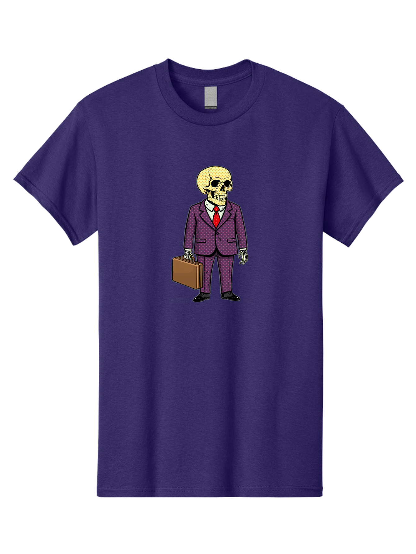 Skeleton-In-Suit-1 Men'S Graphic Tee, 100% Cotton, Comfortable Casual Summer Wear, Machine Washable, Skeleton In Business Attire, Formal Wear, Corporate Style, Briefcase, Red Tie, White Shirt, Purple Suit, Dot Pattern, Skull, Bones, Bad573