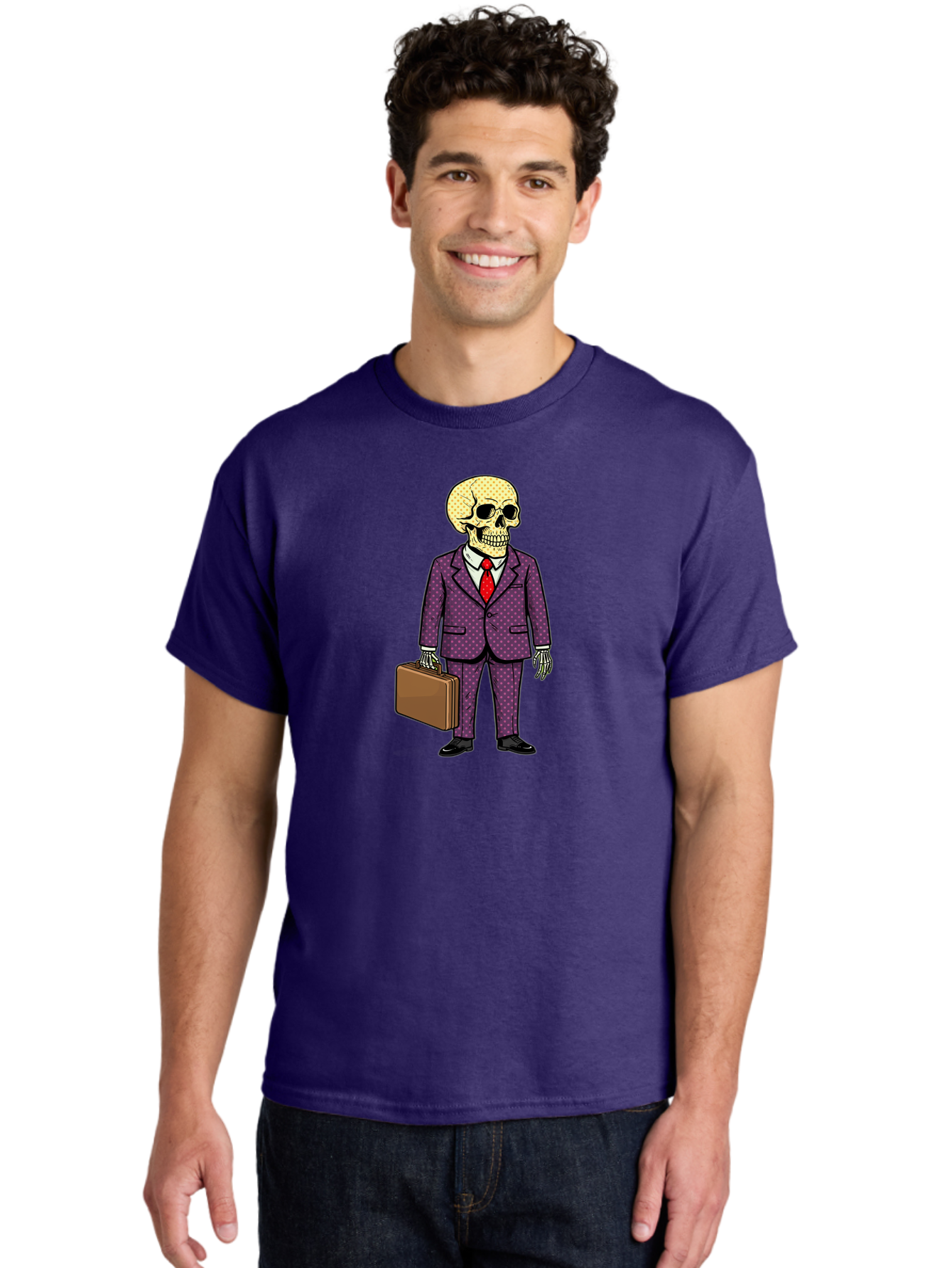 Skeleton-In-Suit-1 Men'S Graphic Tee, 100% Cotton, Comfortable Casual Summer Wear, Machine Washable, Skeleton In Business Attire, Formal Wear, Corporate Style, Briefcase, Red Tie, White Shirt, Purple Suit, Dot Pattern, Skull, Bones, Bad573