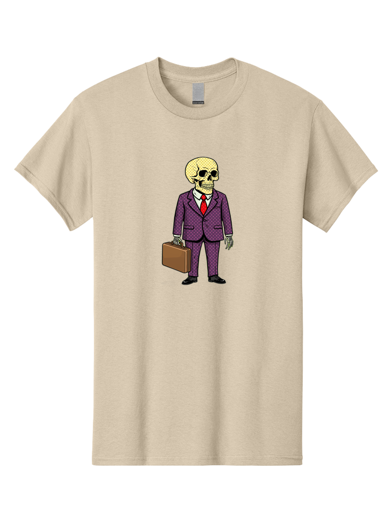 Skeleton-In-Suit-1 Men'S Graphic Tee, 100% Cotton, Comfortable Casual Summer Wear, Machine Washable, Skeleton In Business Attire, Formal Wear, Corporate Style, Briefcase, Red Tie, White Shirt, Purple Suit, Dot Pattern, Skull, Bones, Bad573