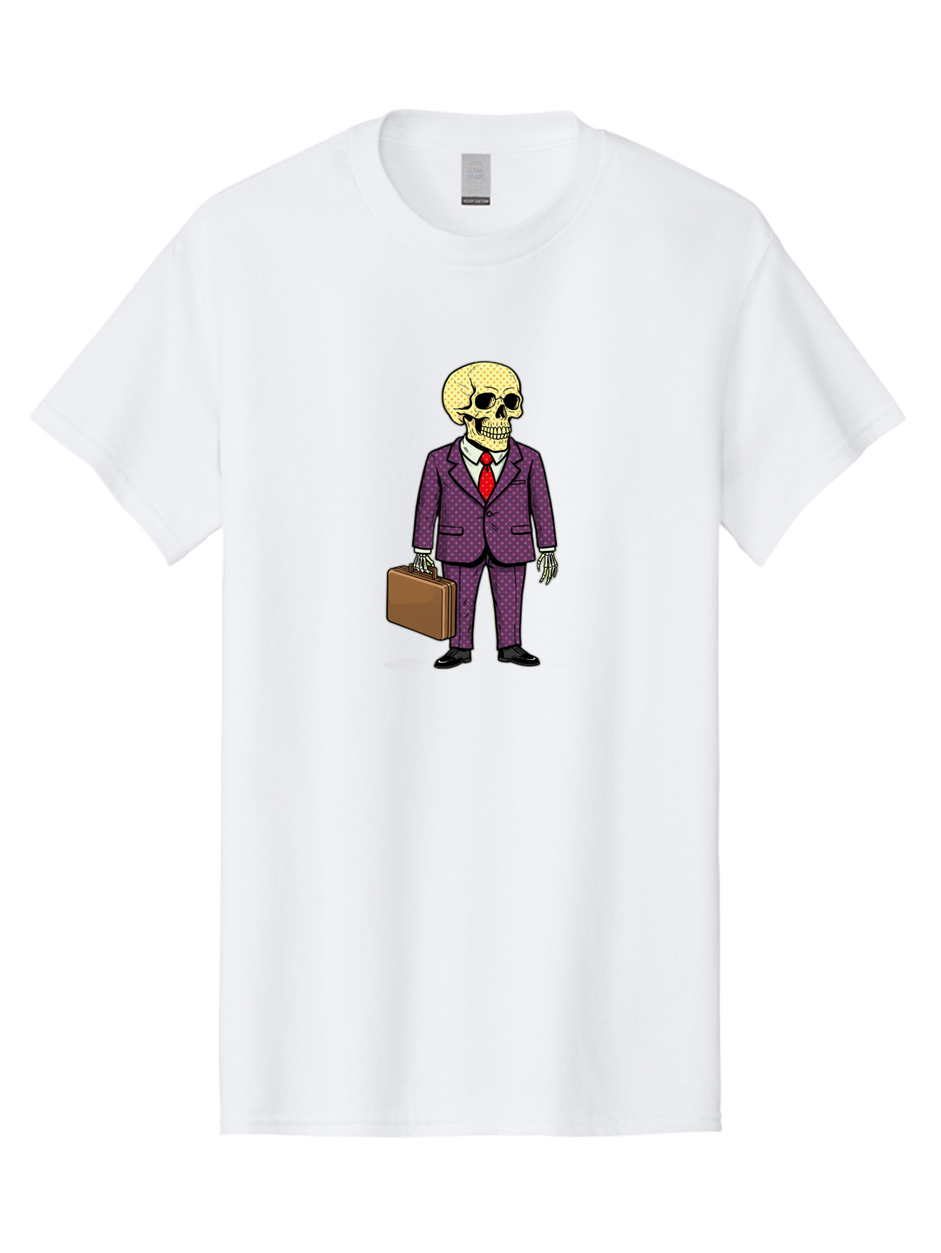 Skeleton-In-Suit-1 Men'S Graphic Tee, 100% Cotton, Comfortable Casual Summer Wear, Machine Washable, Skeleton In Business Attire, Formal Wear, Corporate Style, Briefcase, Red Tie, White Shirt, Purple Suit, Dot Pattern, Skull, Bones, Bad573