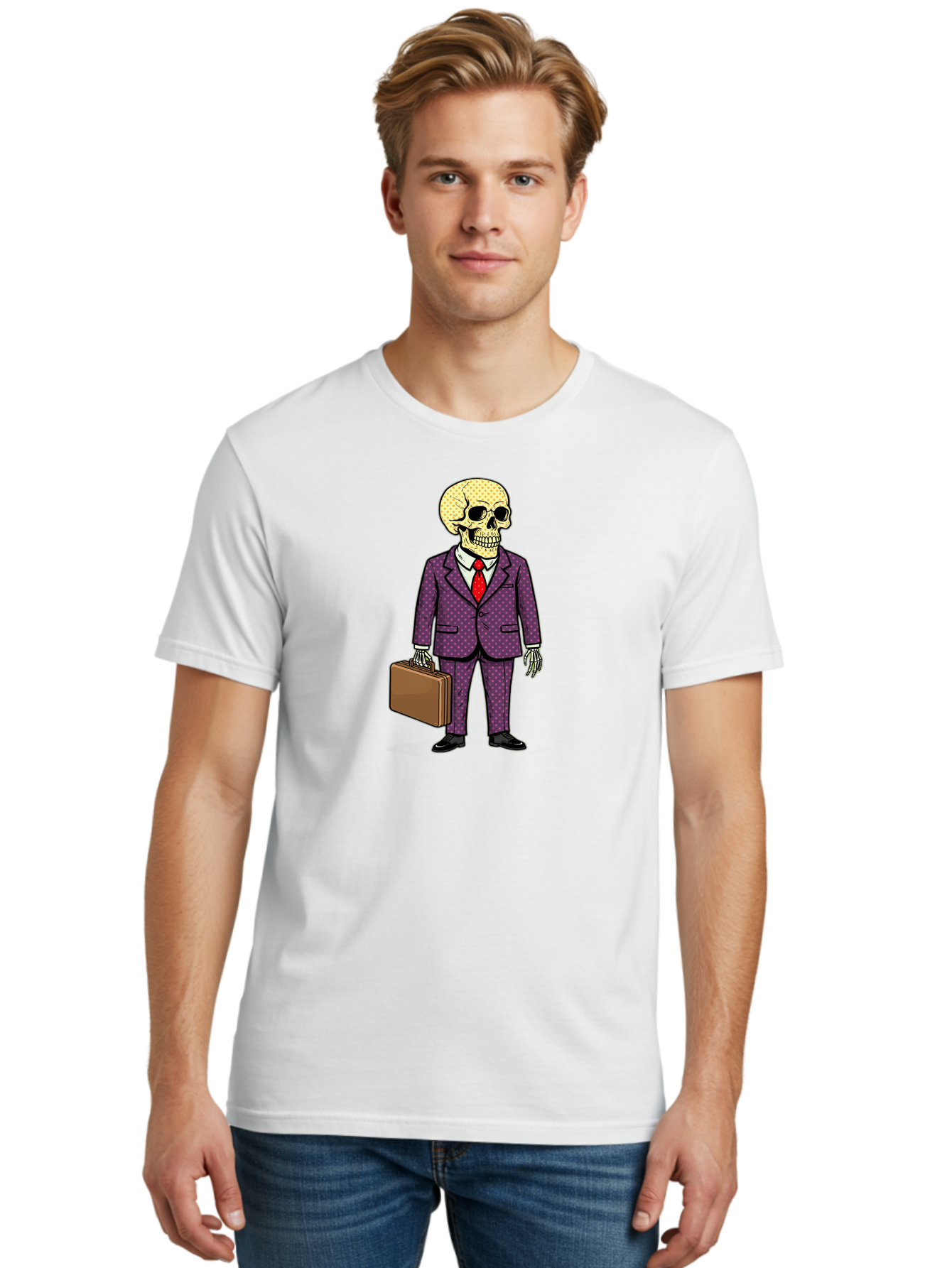 Skeleton-In-Suit-1 Men'S Graphic Tee, 100% Cotton, Comfortable Casual Summer Wear, Machine Washable, Skeleton In Business Attire, Formal Wear, Corporate Style, Briefcase, Red Tie, White Shirt, Purple Suit, Dot Pattern, Skull, Bones, Bad573