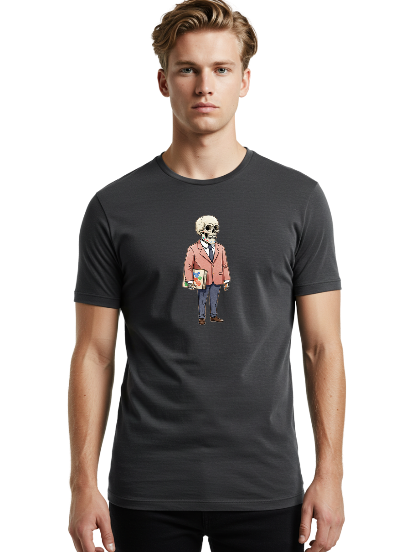 Skeleton-In-Suit-2 Men'S Graphic Tee, 100% Cotton, Comfortable Casual Summer Wear, Machine Washable, Cartoon Skeleton, Formal Attire, Business Suit, Holding Books, Anatomy Education, Quirky Illustration, Unique Art Style, Surreal Character, Bad574