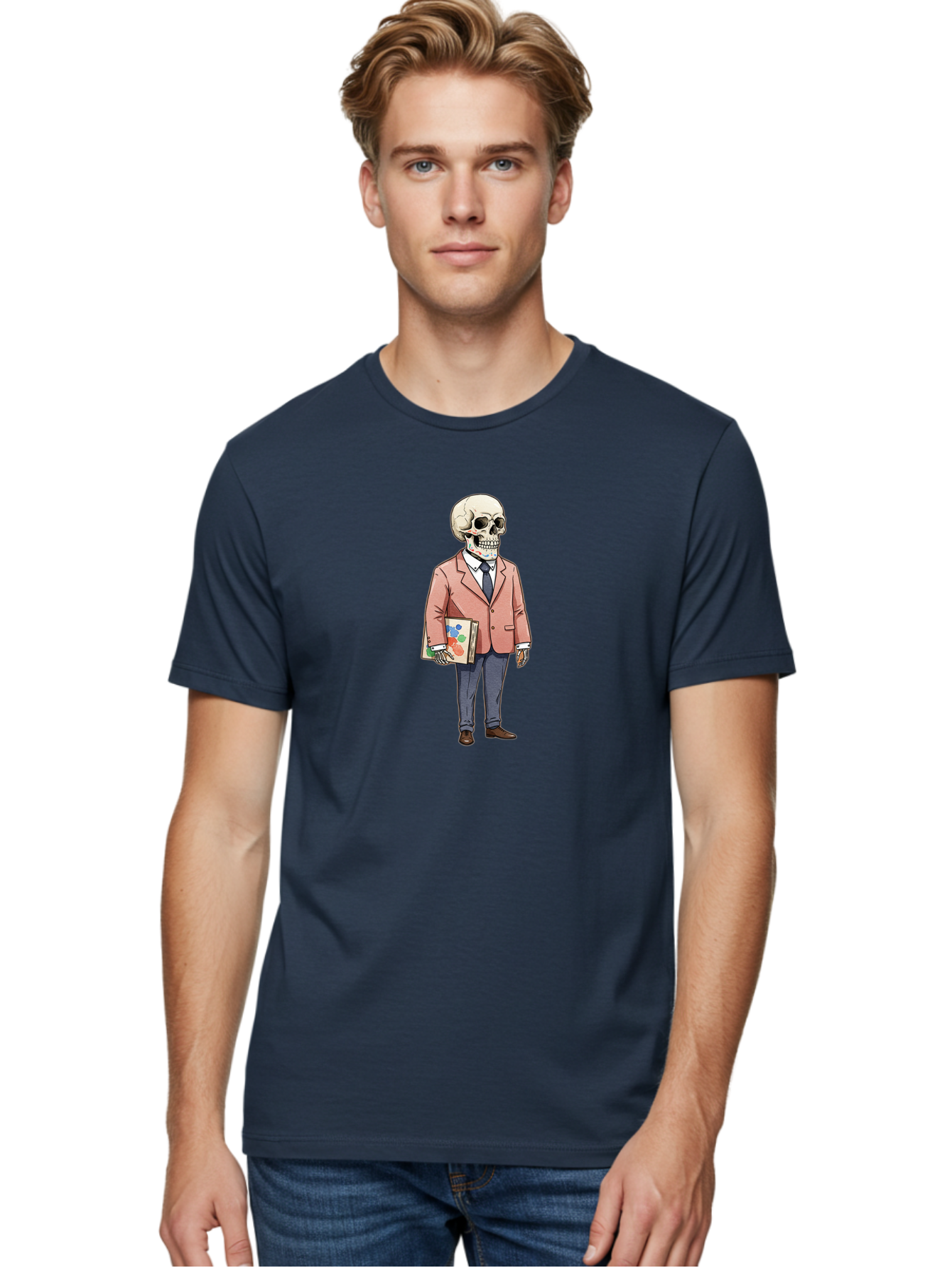Skeleton-In-Suit-2 Men'S Graphic Tee, 100% Cotton, Comfortable Casual Summer Wear, Machine Washable, Cartoon Skeleton, Formal Attire, Business Suit, Holding Books, Anatomy Education, Quirky Illustration, Unique Art Style, Surreal Character, Bad574
