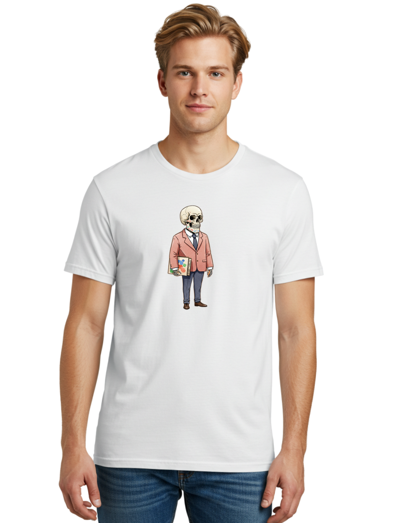 Skeleton-In-Suit-2 Men'S Graphic Tee, 100% Cotton, Comfortable Casual Summer Wear, Machine Washable, Cartoon Skeleton, Formal Attire, Business Suit, Holding Books, Anatomy Education, Quirky Illustration, Unique Art Style, Surreal Character, Bad574