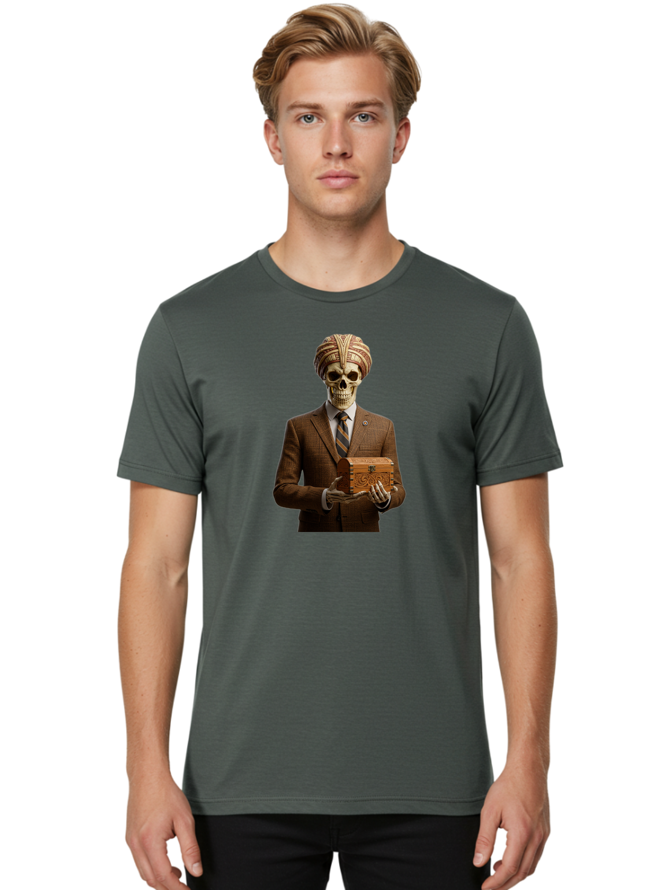 Skeleton-In-Suit-Holding-Box Men'S Graphic Tee, 100% Cotton, Comfortable Casual Summer Wear, Machine Washable, Skeleton Wearing A Suit, Holding A Treasure Chest, Striped Tie, Turban On Head, Business Attire, Mysterious Figure, Ornate Box, Bad575